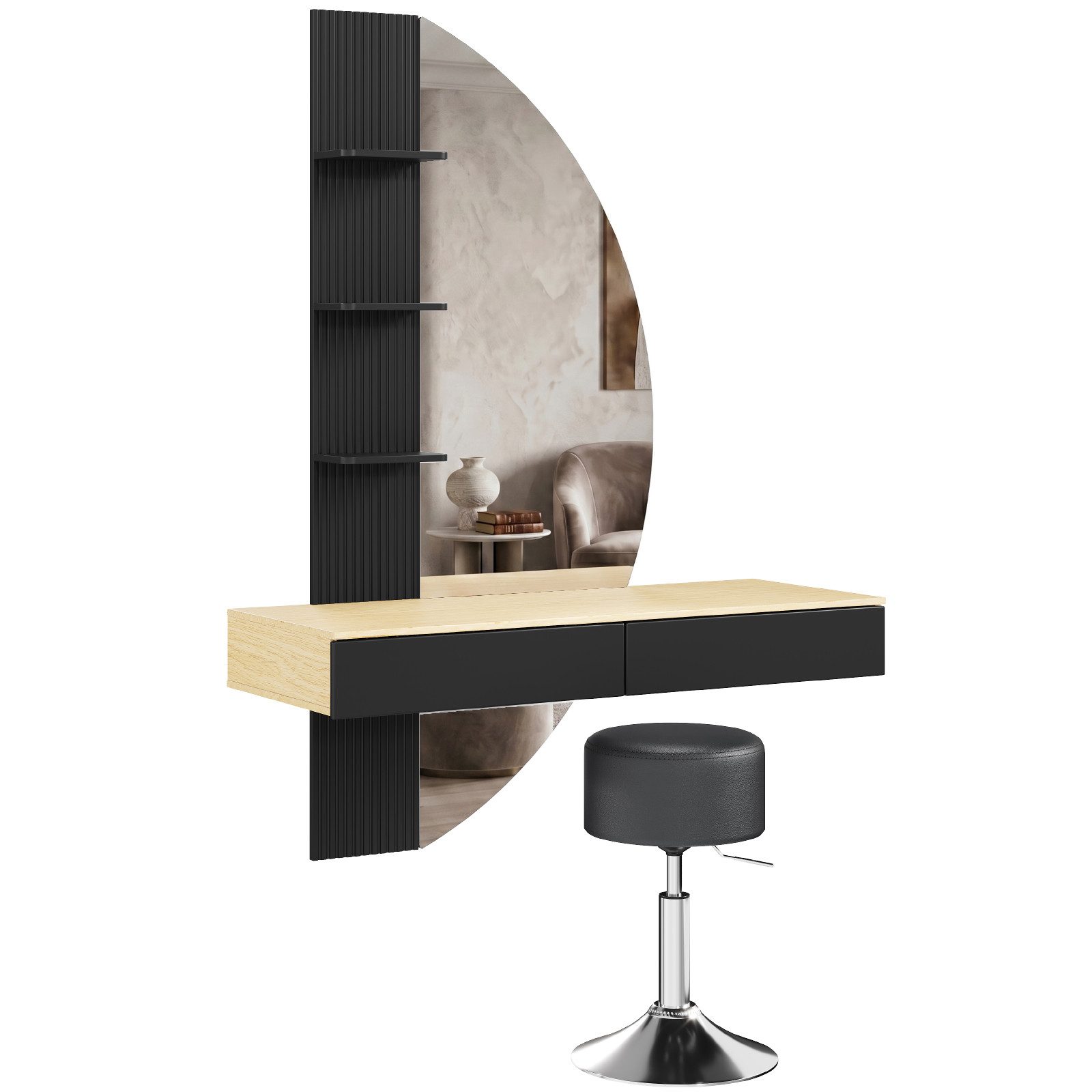 HOMALL Schminktisch Hängender Schminktisch mit LED-Beleuchtung (Maße: 106 × 40 × 143 cm, mit 3 offenen Ablagefächern, 2 Schubladen und drei einstellbaren Farbte – Bild 2 von 5