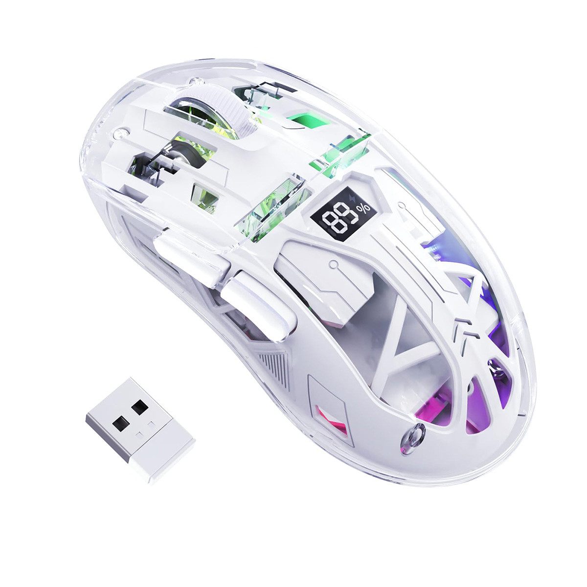 DOPWii Kabellose Gaming-Maus, 2,4G/Bluetooth Dual-Mode, RGB, 4000 DPI, Maus (PixArt 3212, Transparentes Design, Akku-Display, Für Win/MAC)
