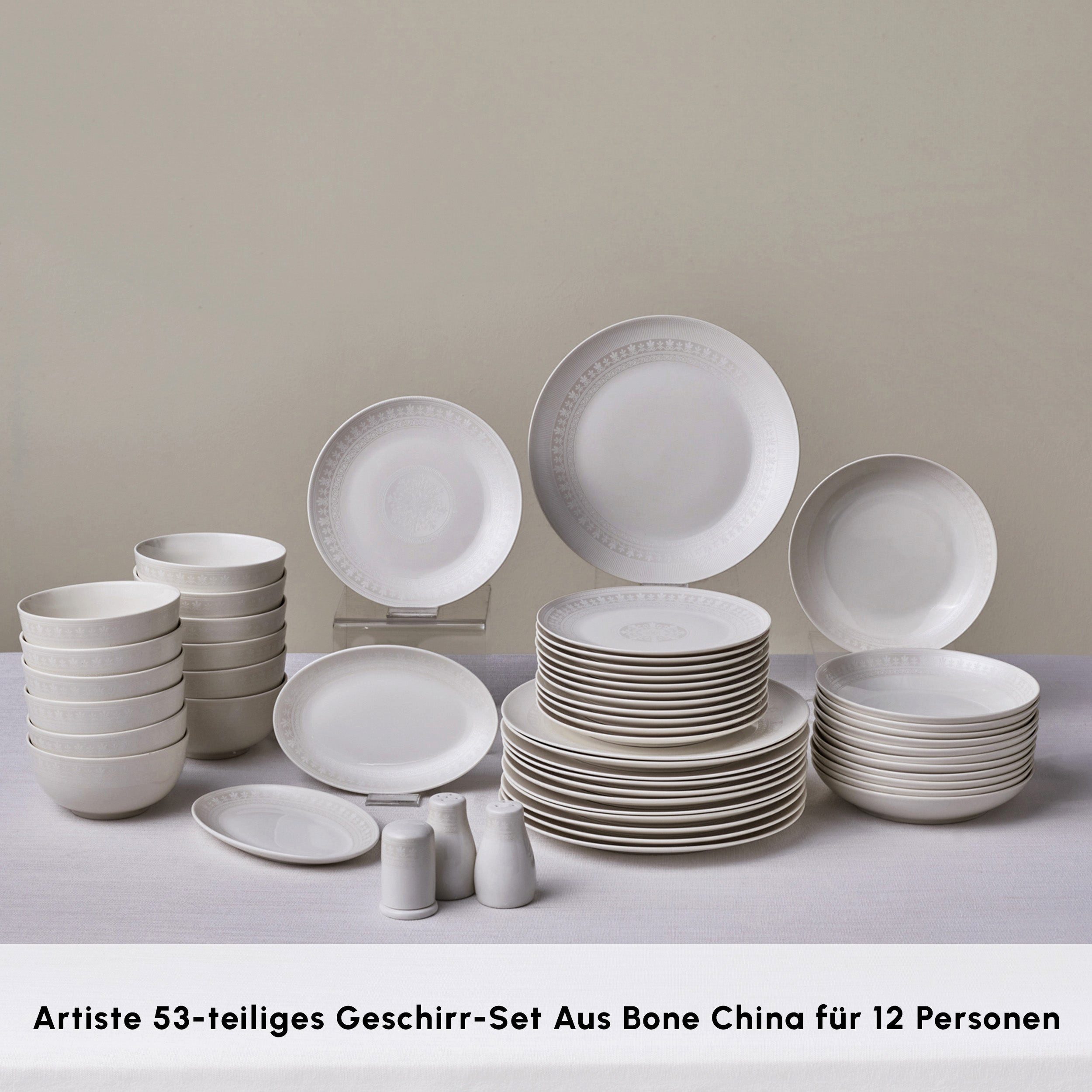 Karaca Geschirr-Set Karaca Forever Bone Artiste Geschirrset 53-Teiliges für 12 Personen (53-tlg), 12 Personen, KNOCHENPORZELLAN