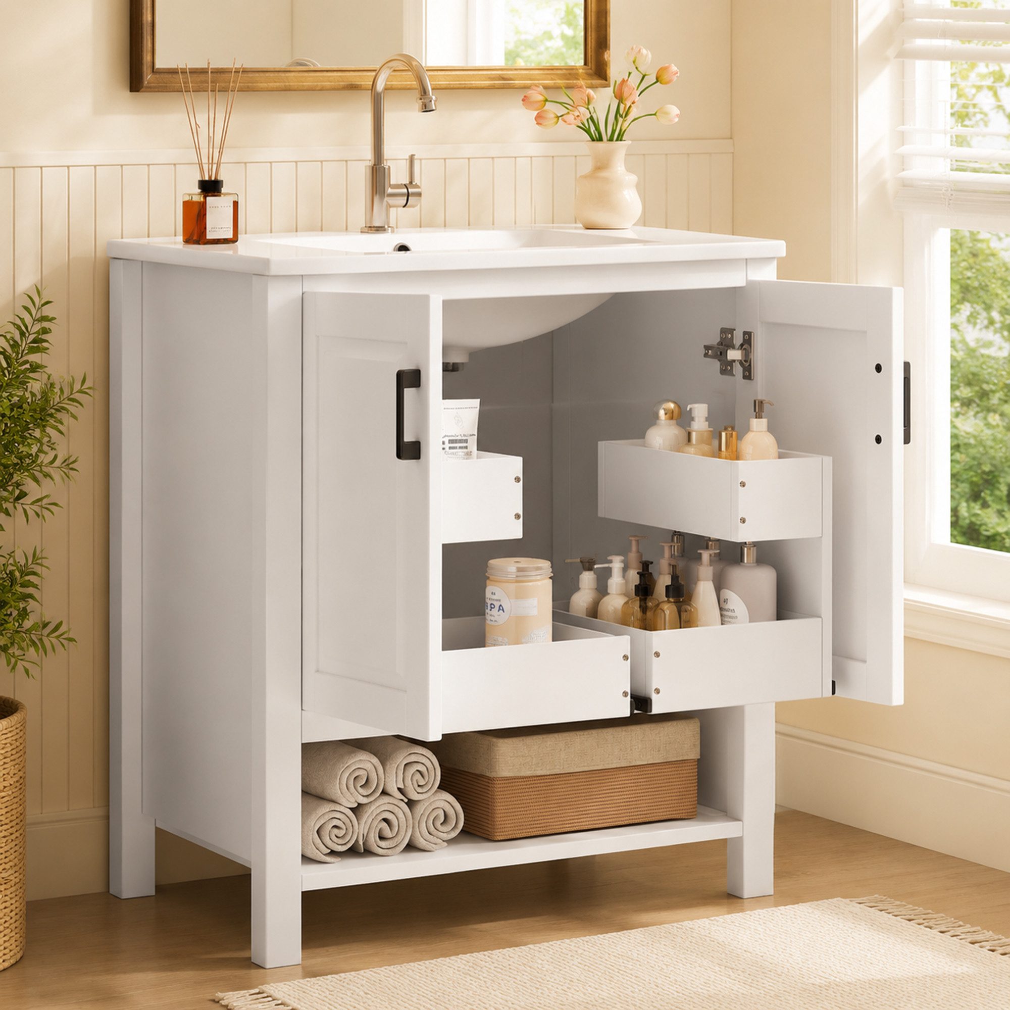 Flieks Waschtisch mit beweglicher Türregalen, Waschbeckenunterschrank mit Waschbecken (B76,5/T47/H83 cm, 1-St., bodenstehender, Regale mit Gleitschienen), Badez – Bild 4 von 5