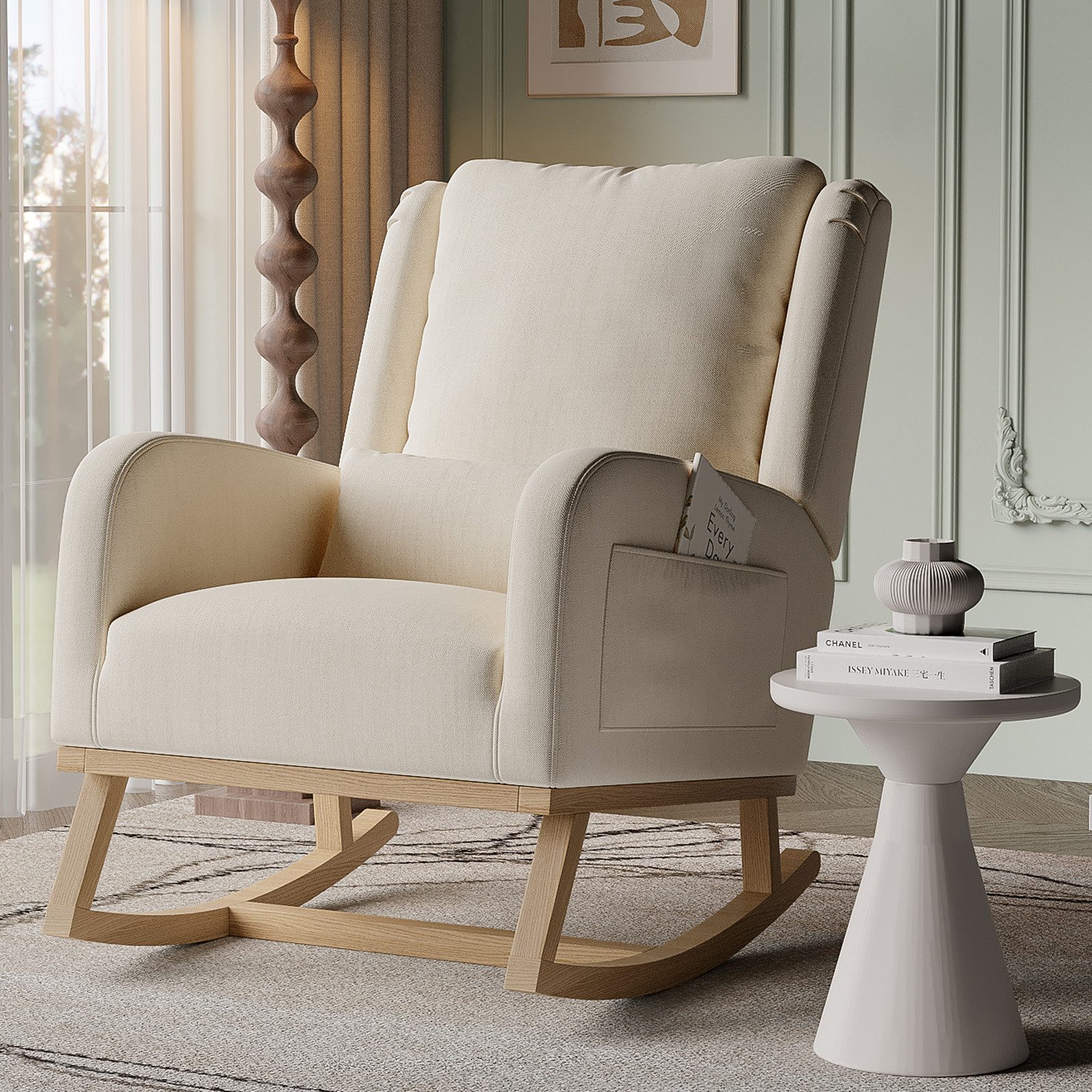 FUROKOY Schaukelstuhl Polster Relaxstuhl Leinen Schaukelsessel mit Holzsock günstig online kaufen