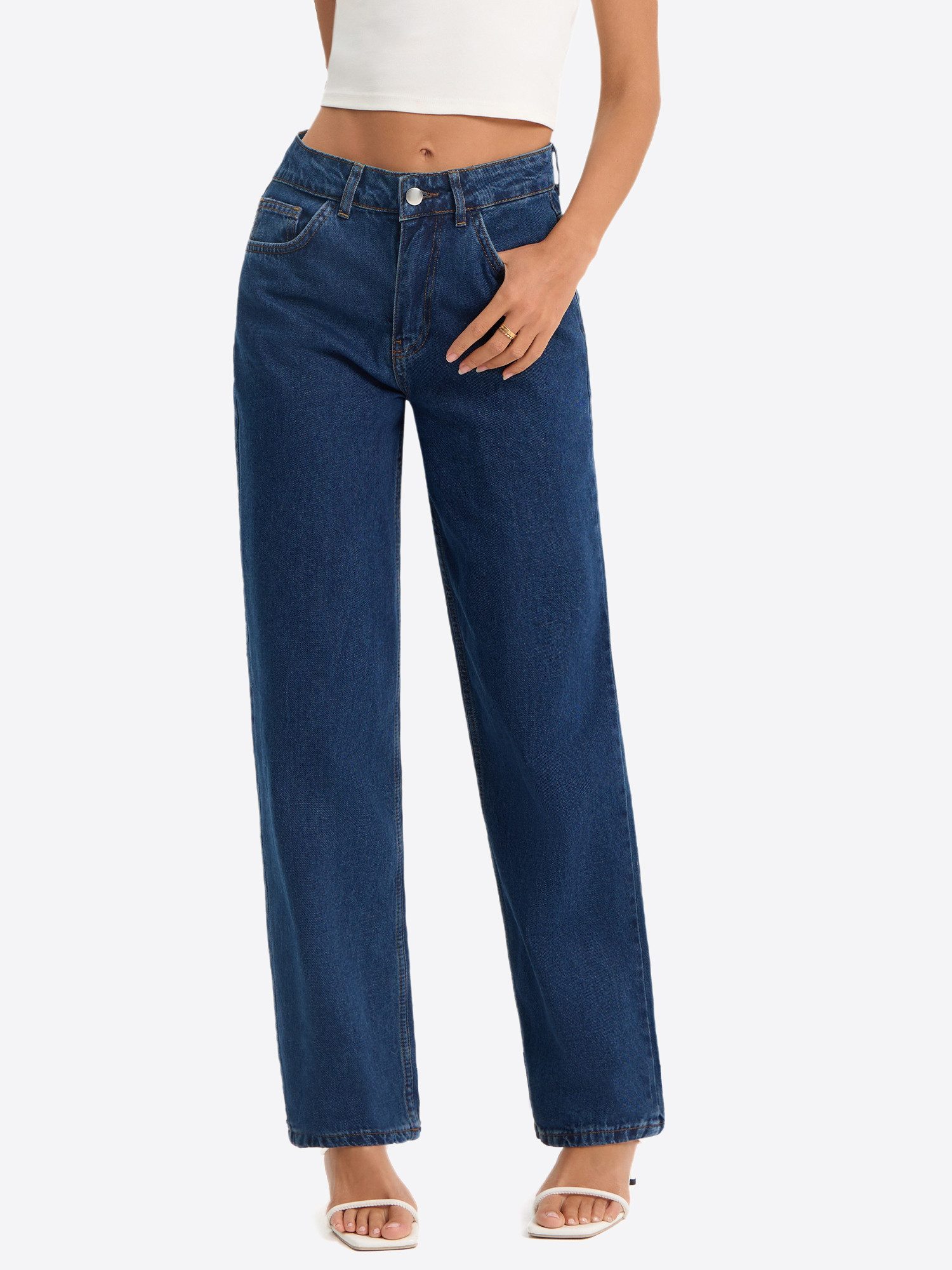 Imily Bela Gerade Jeans Damen High-Waist Wide Leg Jeans aus Baumwolle Denim (Packung, 1-tlg., 1per-Pack) in Unifarbe