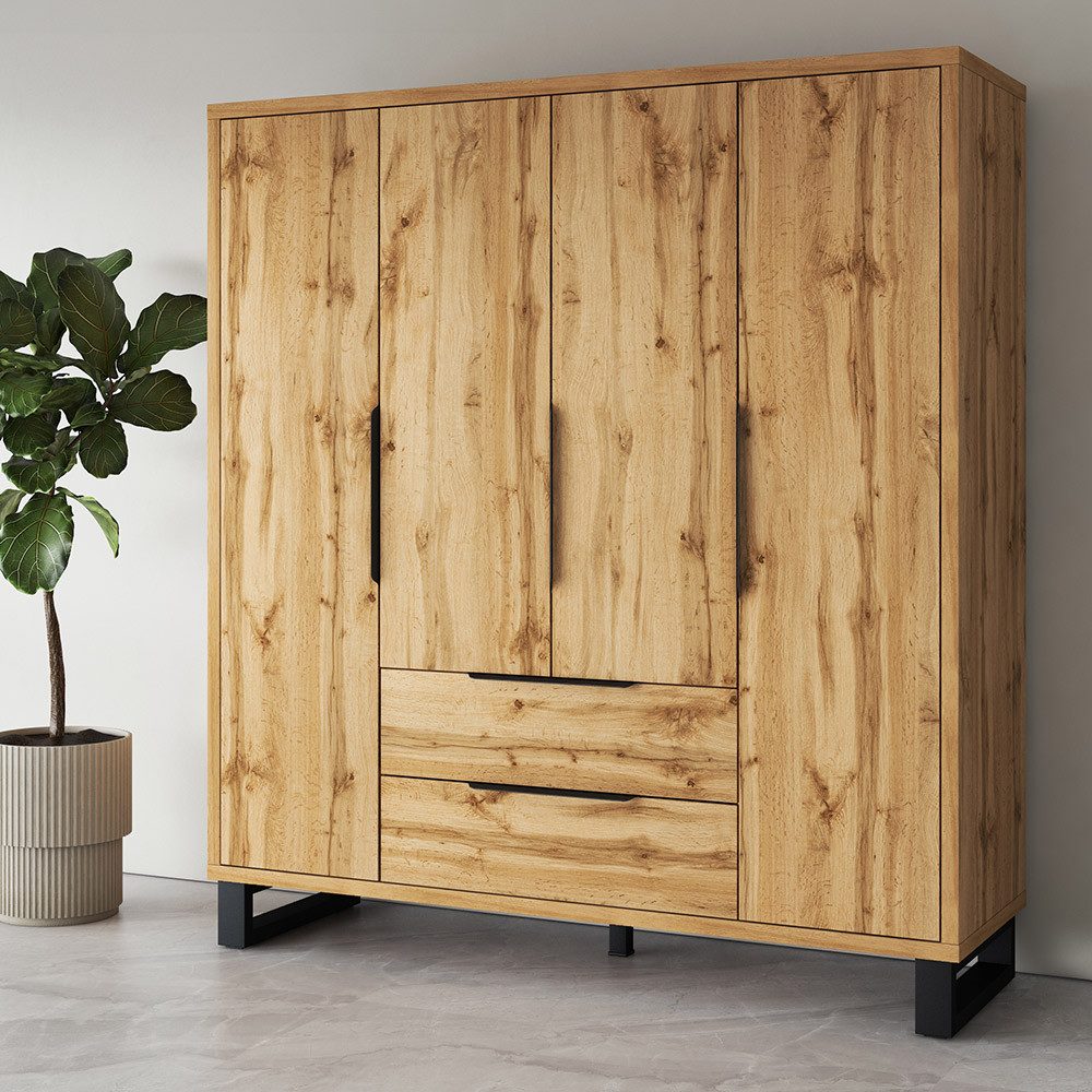 Lomadox Kleiderschrank HENDERSON-83 in Eiche, 191 cm breit, Kleiderstangen, 4-türig
