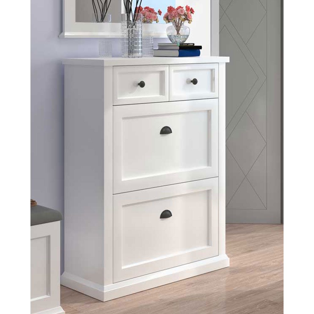Feldmann-Wohnen Schuhschrank Galineo (1x Schuhschrank, 2x Klappen mit je 2 Fächern, 2x Schubladen, Muschelgriffe & Knopfgriffe, 1-St., Ein praktischer Schuhschrank im Landhaus-Stil) 97,5x27,5x110cm weiß