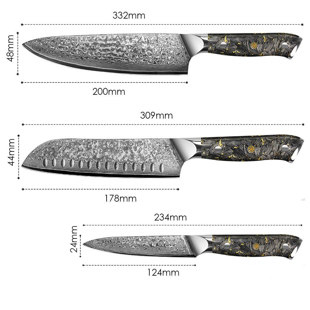 12.5cm Damaststahl Klingen Damast safety bis VG10 (3-tlg) Home von 20cm 3er Messer-Set Messerset mit