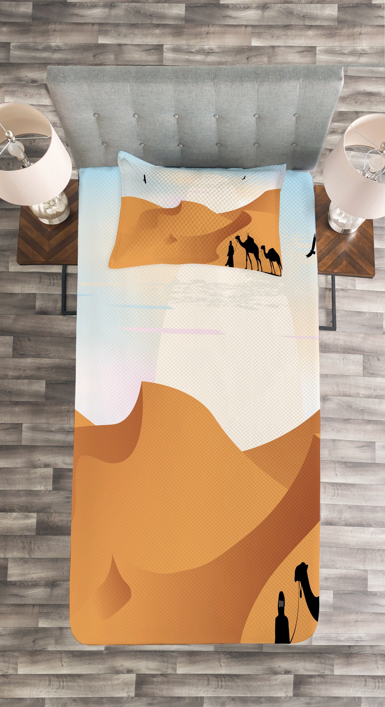 Set Düne Mann-Silhouette-Kunst mit Kamele Abakuhaus, Kissenbezügen Tagesdecke Waschbar, und