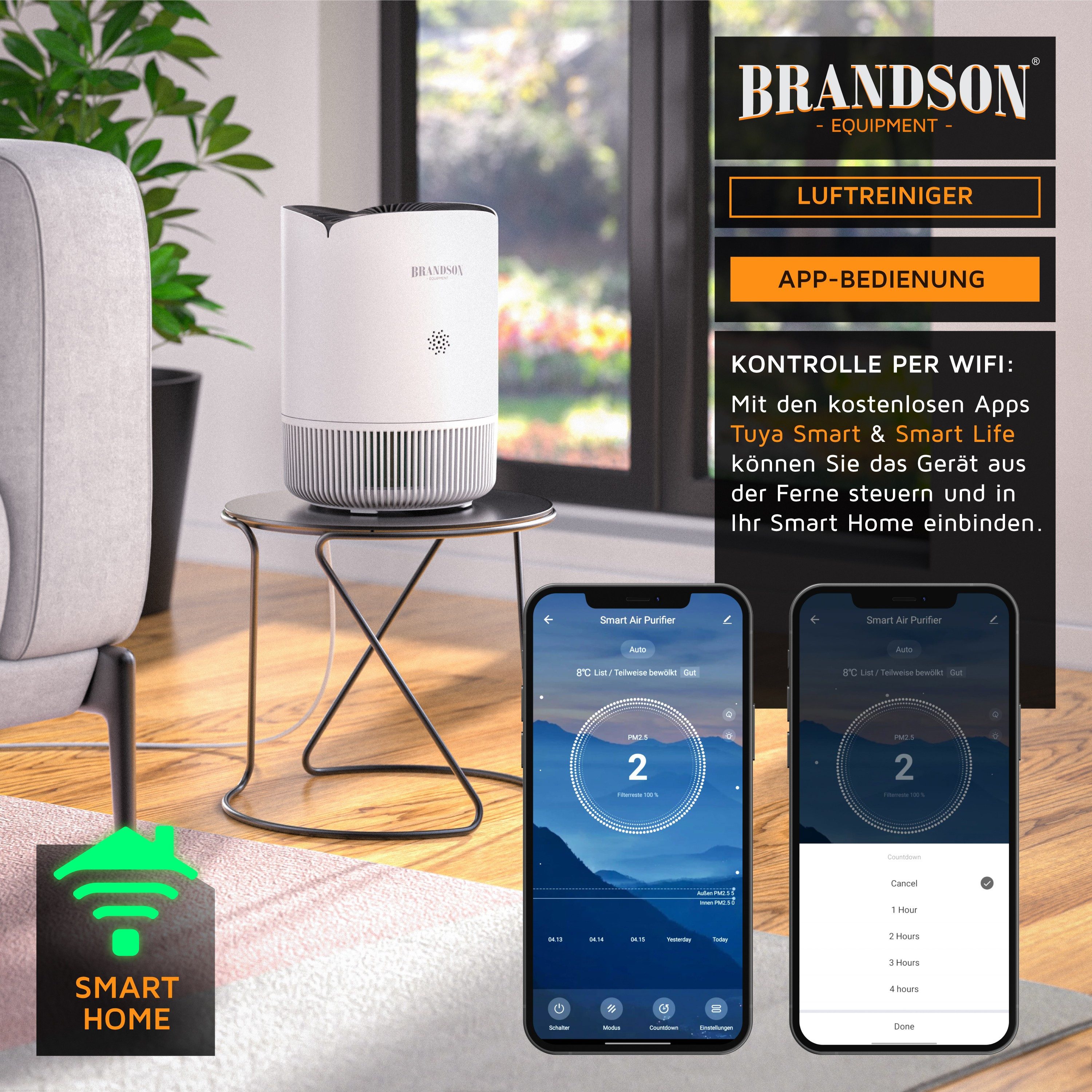 Brandson Luftreiniger für Allergiker, HEPA 13 + Aktivkohle, WLAN-App, 158 m³/h, 45 m², für 45 m² Räume, PM2,5-Anzeige, 4 Geschwindigkeiten, Timer und Kindersich – Bild 5 von 5
