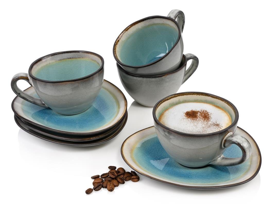 SÄNGER Кофейный сервиз Capri Kaffeetassen Set Türkis Blau mit Grauem Rand (8-tlg), 4 Personen, Steingut, 230 ml, Handmade, Premium Collection