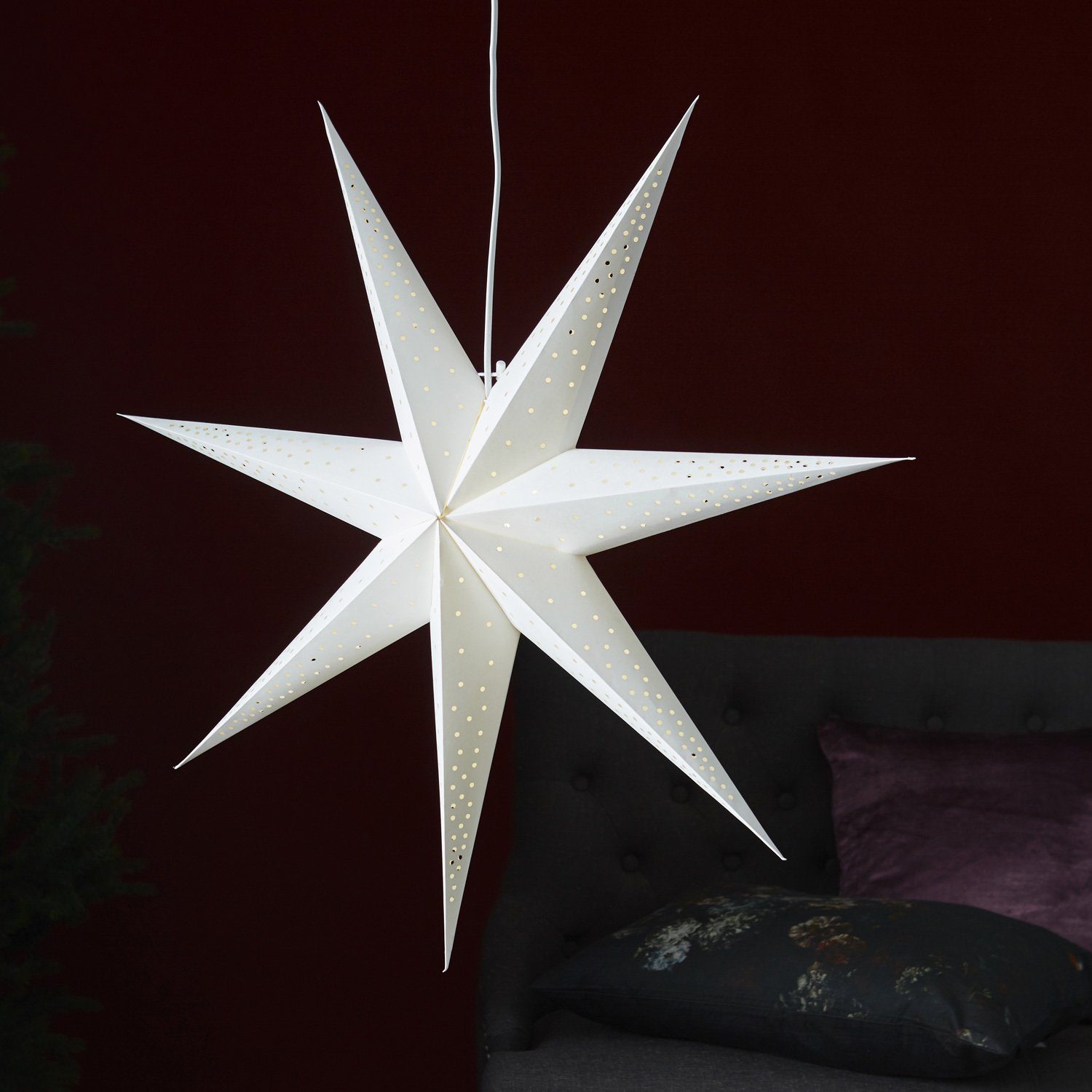 Stern TRADING 80cm STAR weiß Weihnachtsstern hängend Leuchtstern LED 7-zackig D: Papierstern