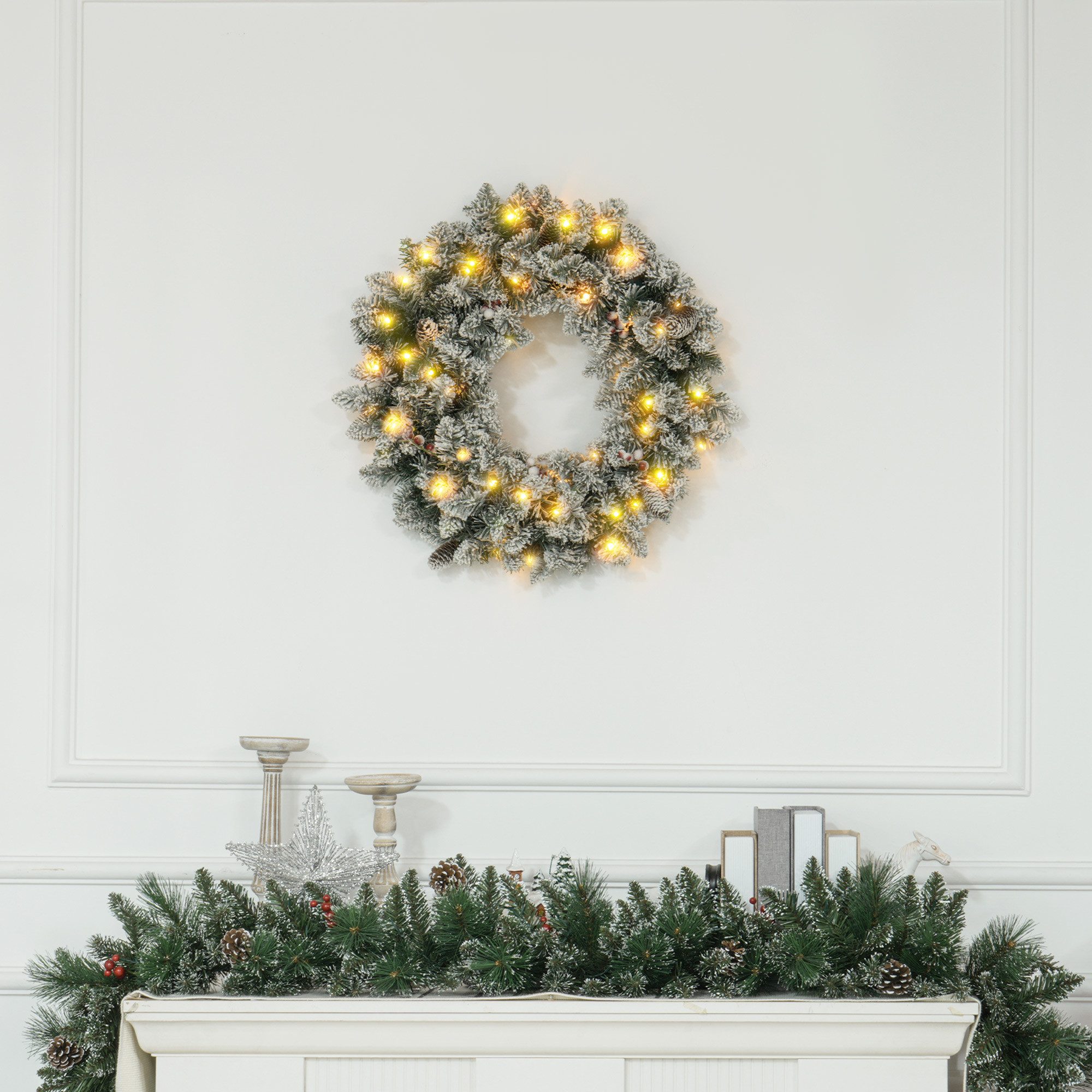 HOMCOM Adventskranz Weihnachtskranz, mit LED-Lichterkette, für Tür- und Hausdekoration, Weihnachten, Ø60 x 10 cm, grün