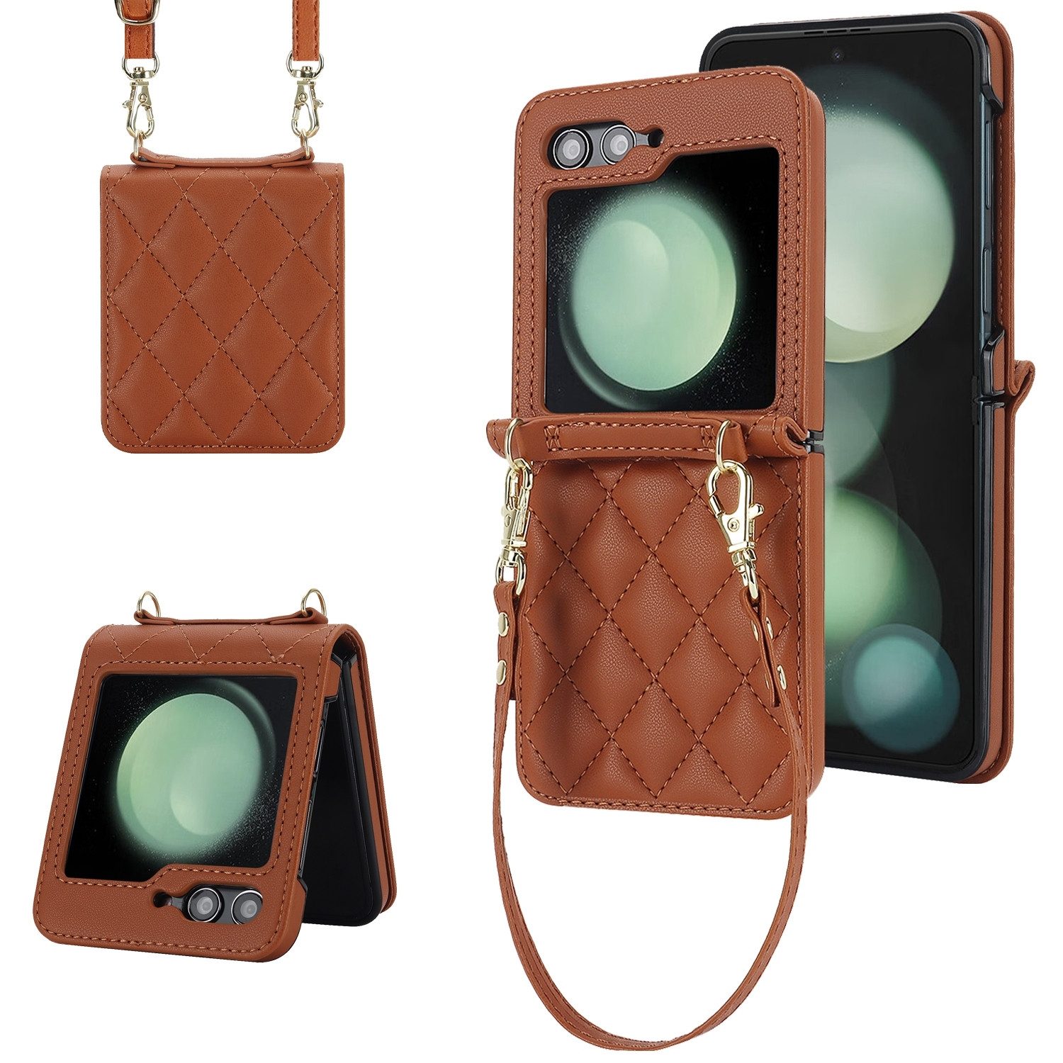 Wigento Handyhülle Für Samsung Galaxy Z Flip7 Design Schutz Hülle Rhombus Textur Braun, Schutzhülle mit Rhombus-Textur und Lanyards