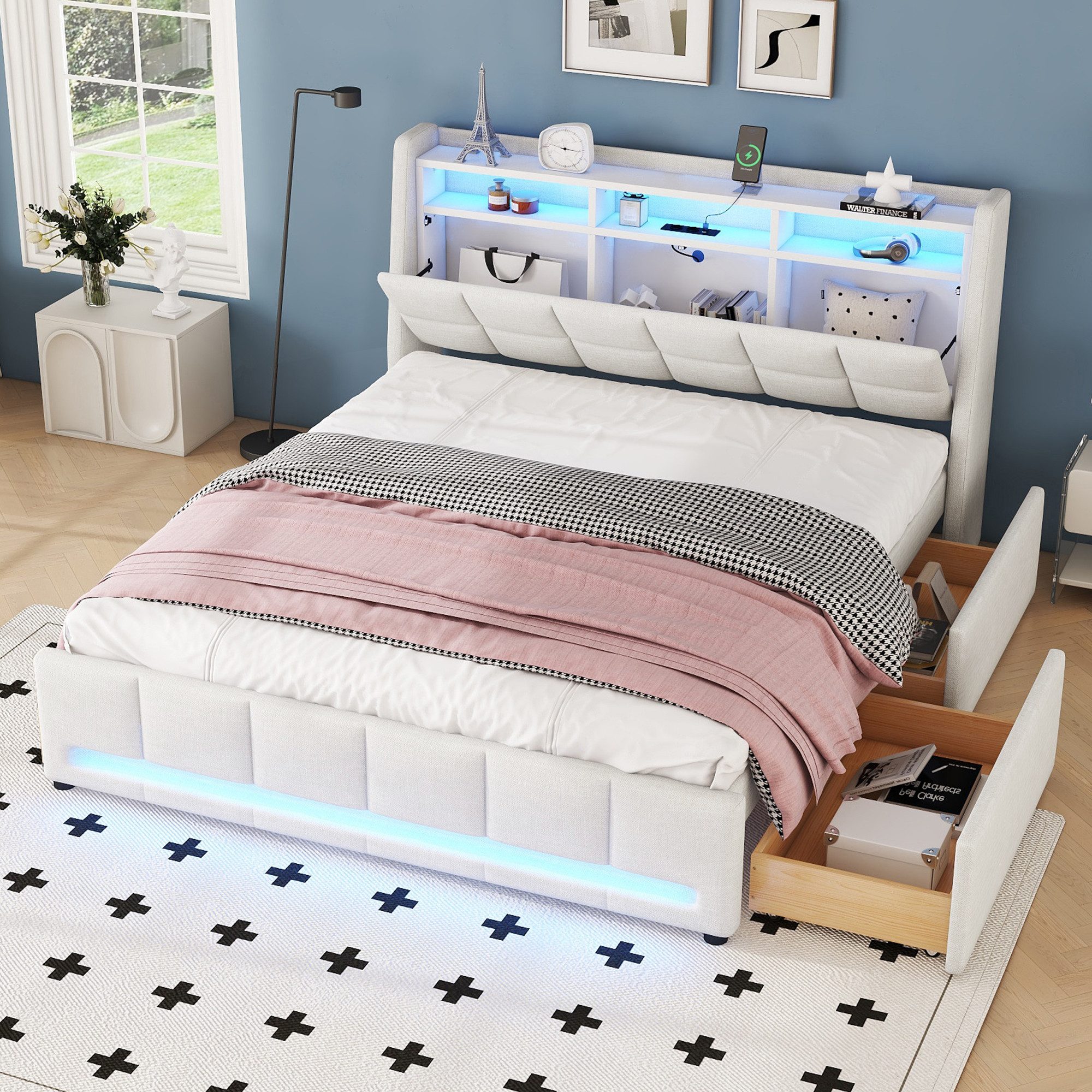 REDOM Polsterbett Funktionsbett Doppelbett Gästebett Stauraumbett Kinderbett (mit LED-Ambientebeleuchtung, USB-Anschluss und Stauraum, 140x200 cm), Ohne Matratze