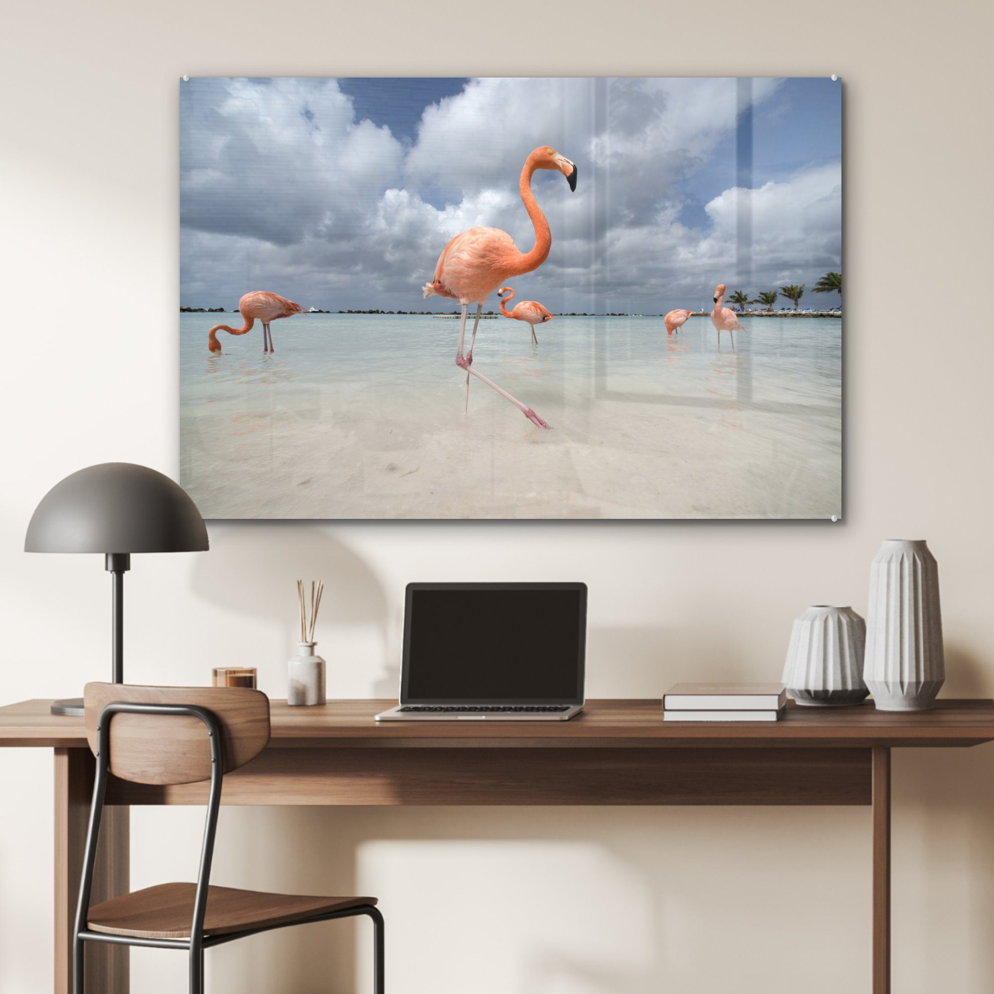 Acrylglasbilder Wohnzimmer St), Acrylglasbild in MuchoWow & Aruba, auf Flamingos Insel Schlafzimmer (1 einer