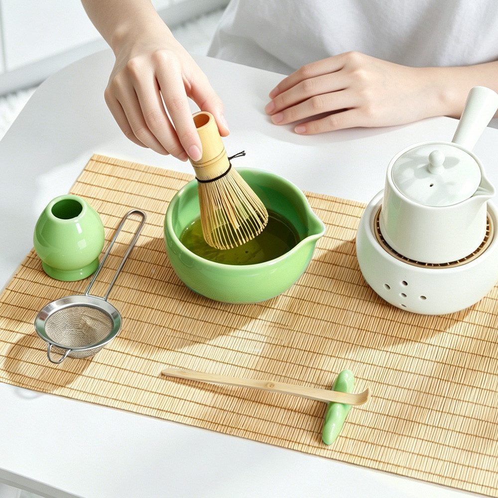 Maestri House Teeservice Japanisches Matcha Zubehör Set Matcha Besen Set Geschenkset 7-Teilig, Bambus, 510ml Schale, Bambus-Chasen, Haltern, Sieb, Löffel und Tuch erhalten