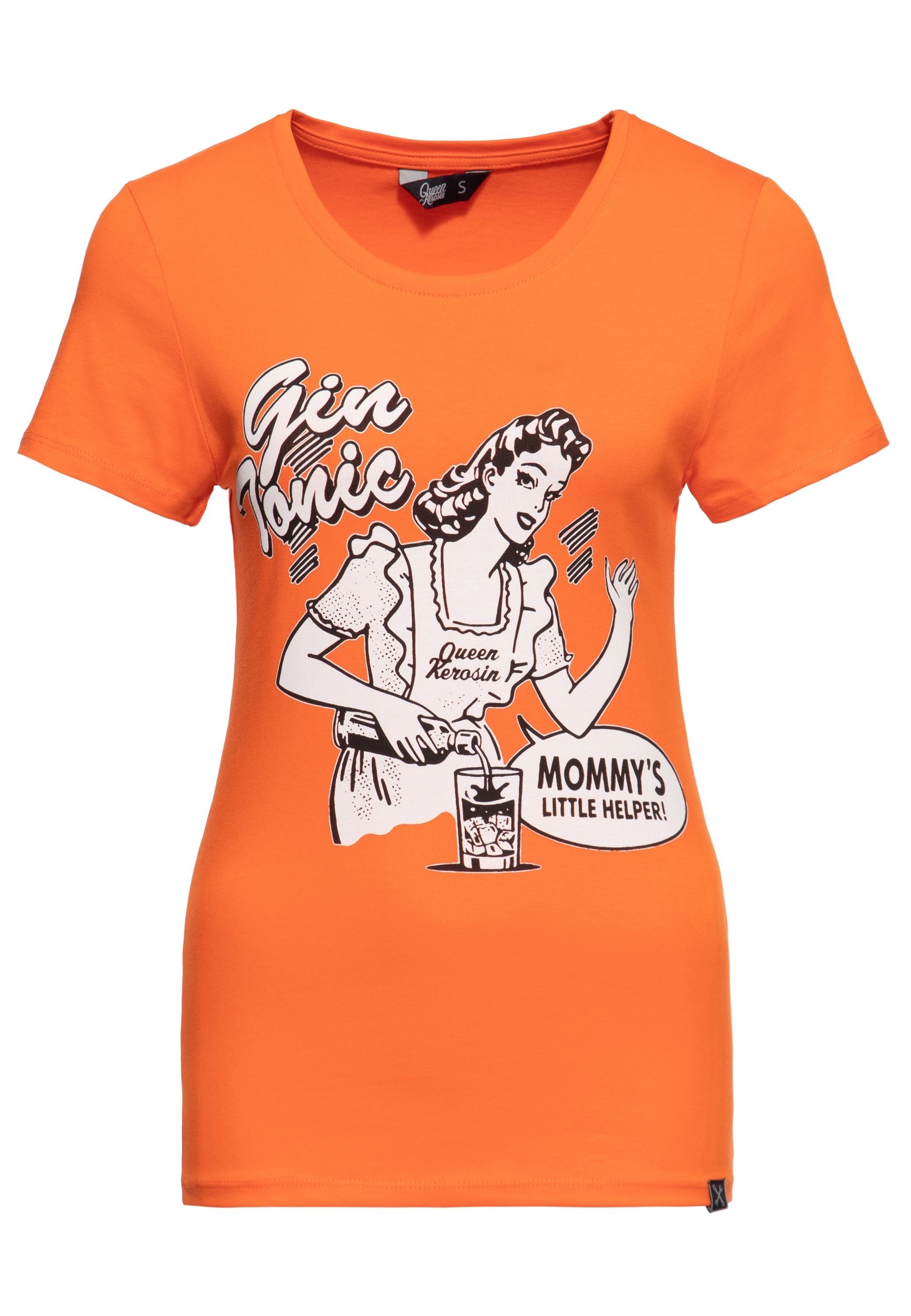 QueenKerosin Print-Shirt mit Pin-up Front Gin (1-tlg) vintage Design orange im Print Tonic