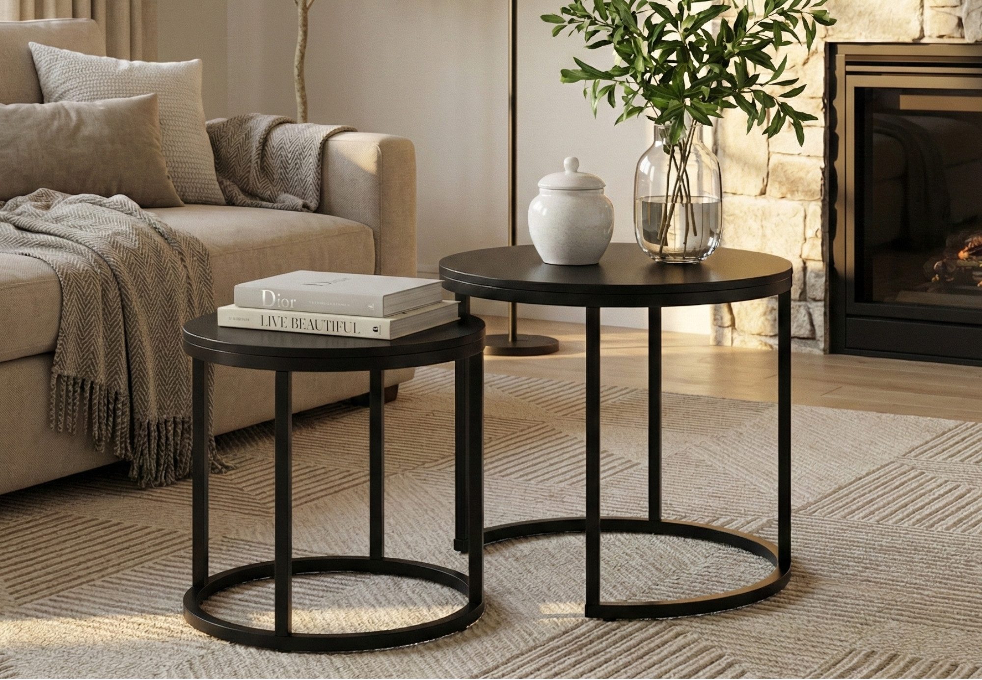 Home Collective Couchtisch Kleiner 2er Set aus Holz, Wohnzimmertisch Modern (Beistelltisch Set 2 in 1 mit Metallgestell, Büro Beistelltisch Loft Design TWIN, kratzfeste Oberfläche, Set 2 in 1), Rund in Schwarz, für Wohnzimmer