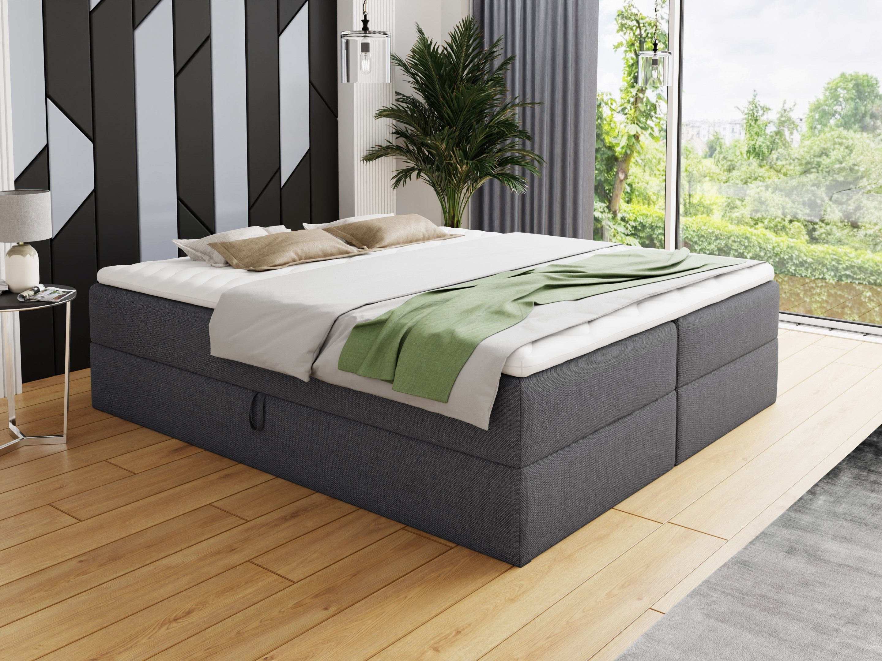 Sofnet Boxbett Base (mit zwei Bettkästen, Bonell-Matratze und Topper), Doppelbett, Polsterbett, Freistehendes Bett, Boxspringbett