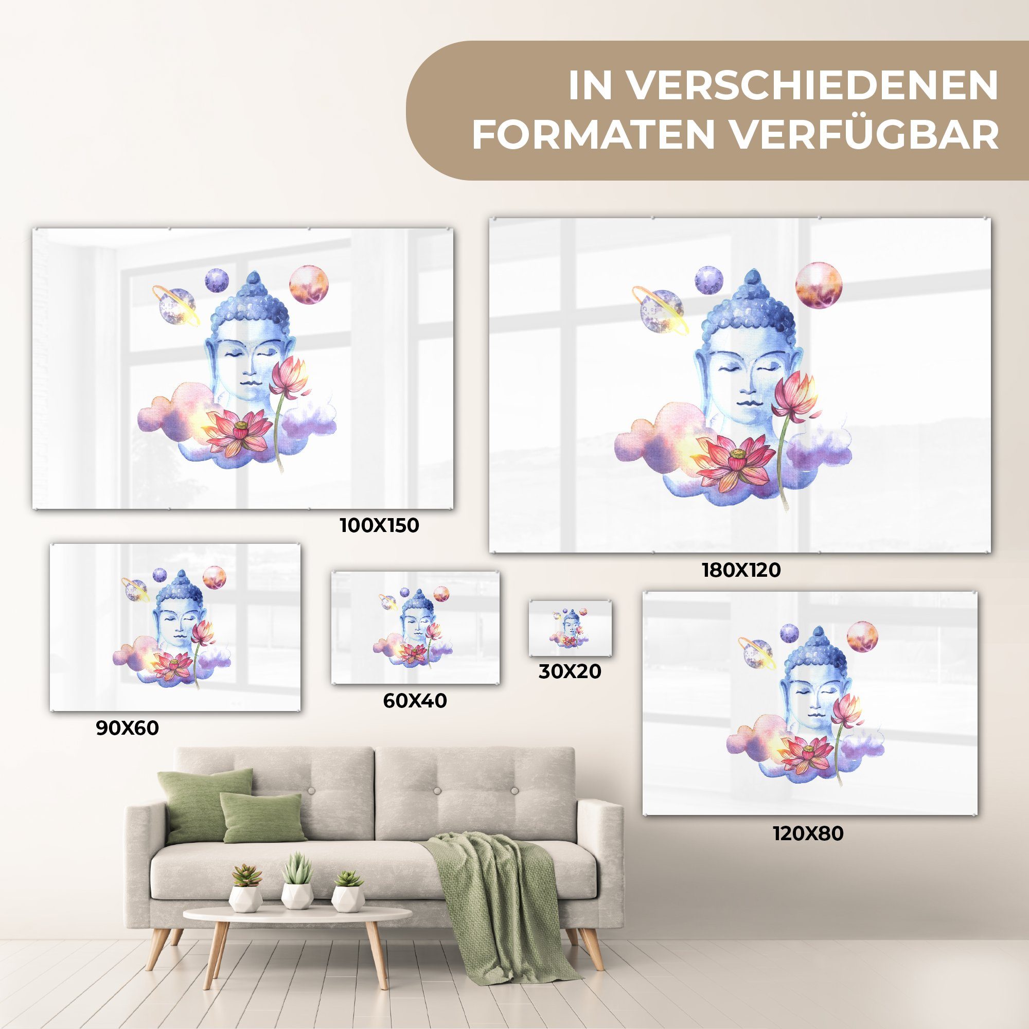 Acrylglasbilder Schlafzimmer (1 Acrylglasbild Kopf & Buddha St), Wohnzimmer - Planeten, MuchoWow -