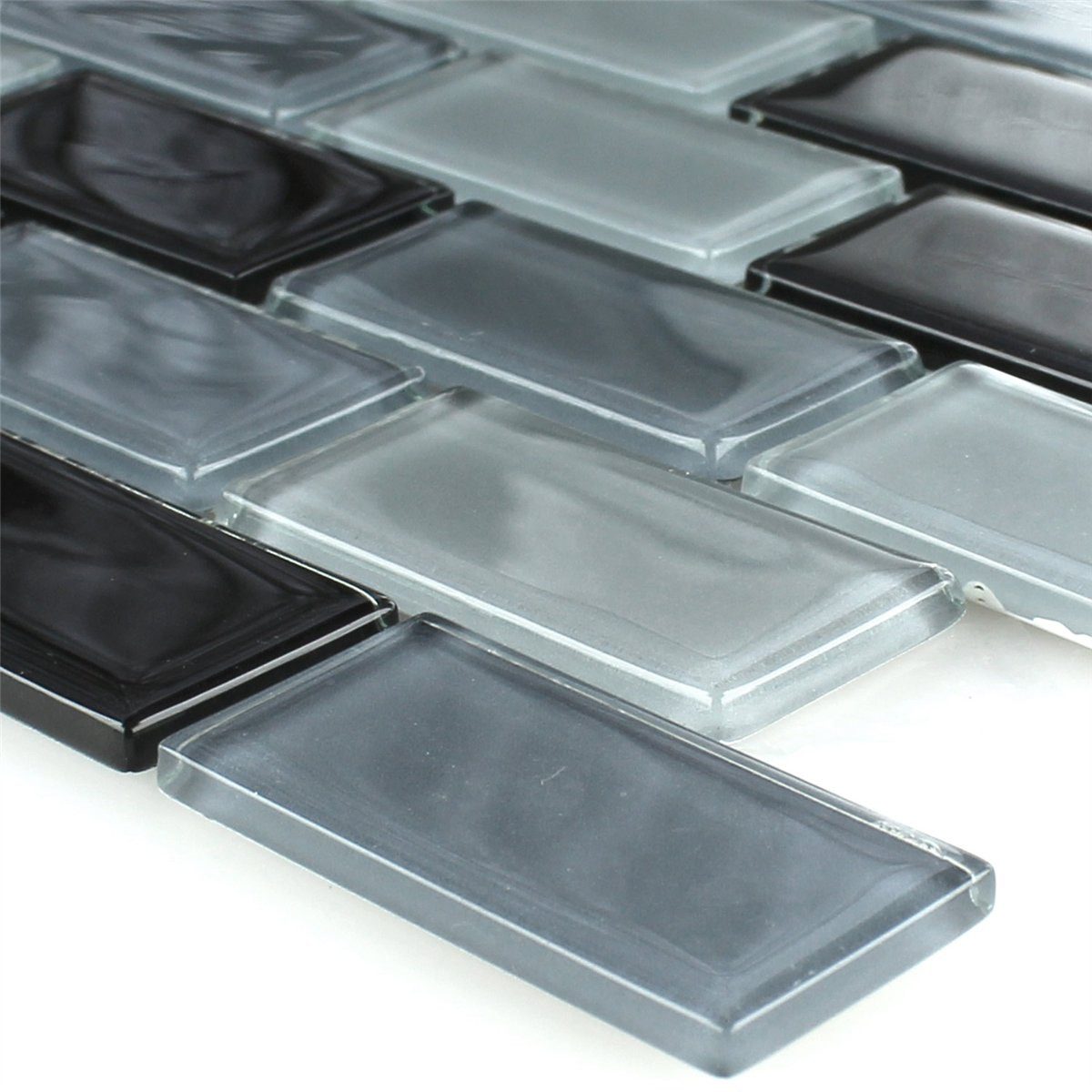 Mosafil Mosaikfliesen Glasmosaik Fliesen Schwarz Mix 25x50x4mm, Glas 32.200x31.000, schwarz-grau, Verlegefertig auf ein Netz geklebt - Frostsicher - Wasserfest