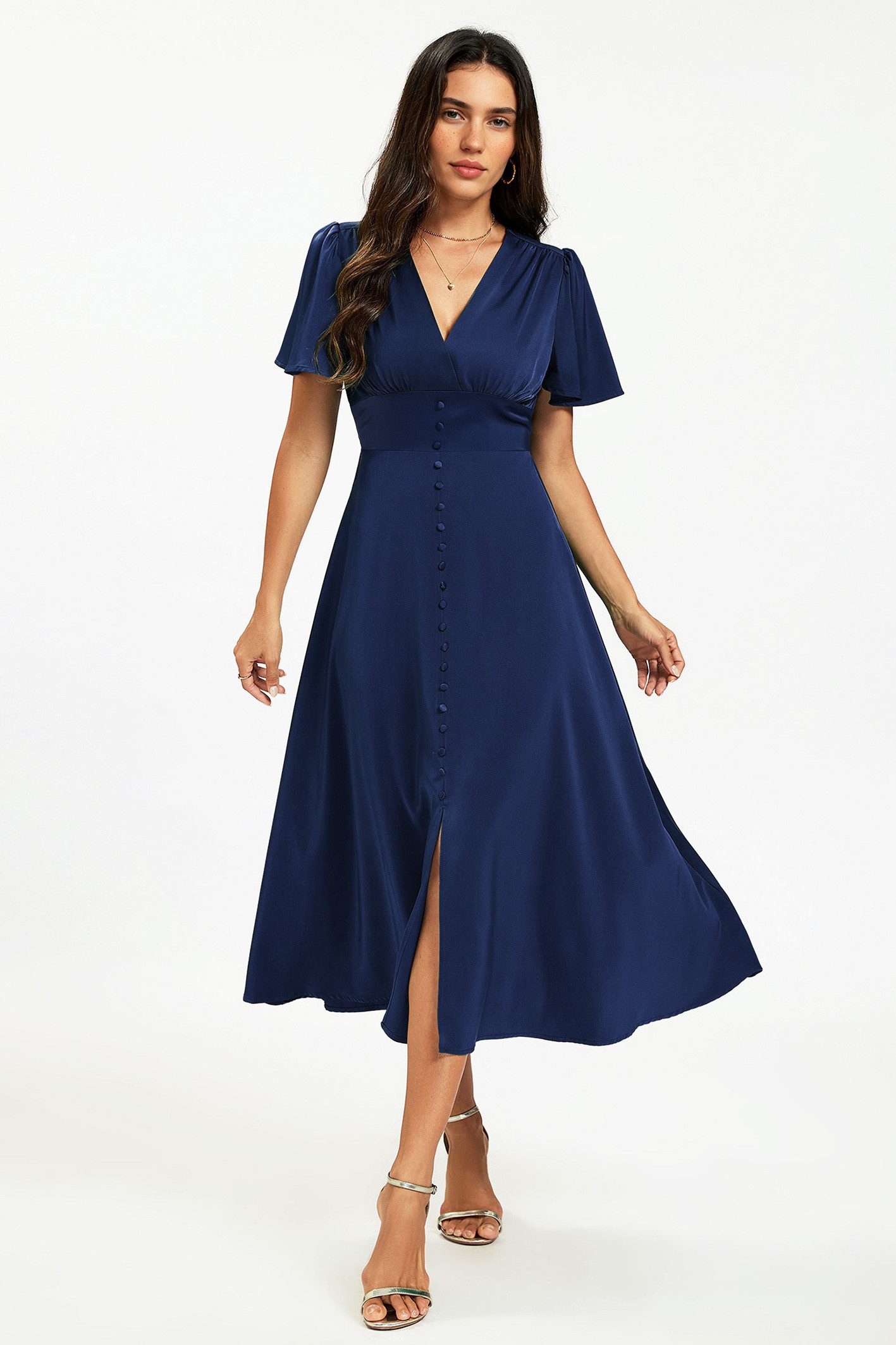 FS Collection Midikleid Satin Midikleid Sommerkleid Freizeitkleid Abendkleid V-Ausschnitt (S,M,L und XL) Knopfleiste, elastischer Rückeneinsatz, Schlitz, taillierter Bund