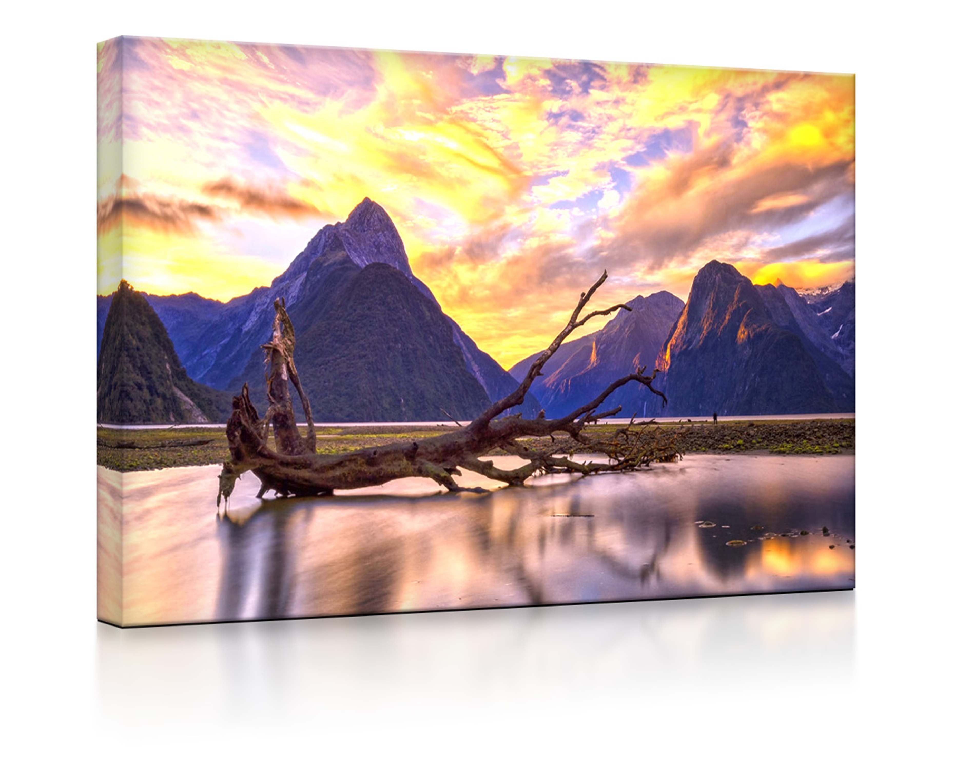 lightbox-multicolor LED-Bild Entwurzelter Baum in wunderschöner Berglandschaft fully lighted 60x40, Leuchtbild mit Fernbedienung
