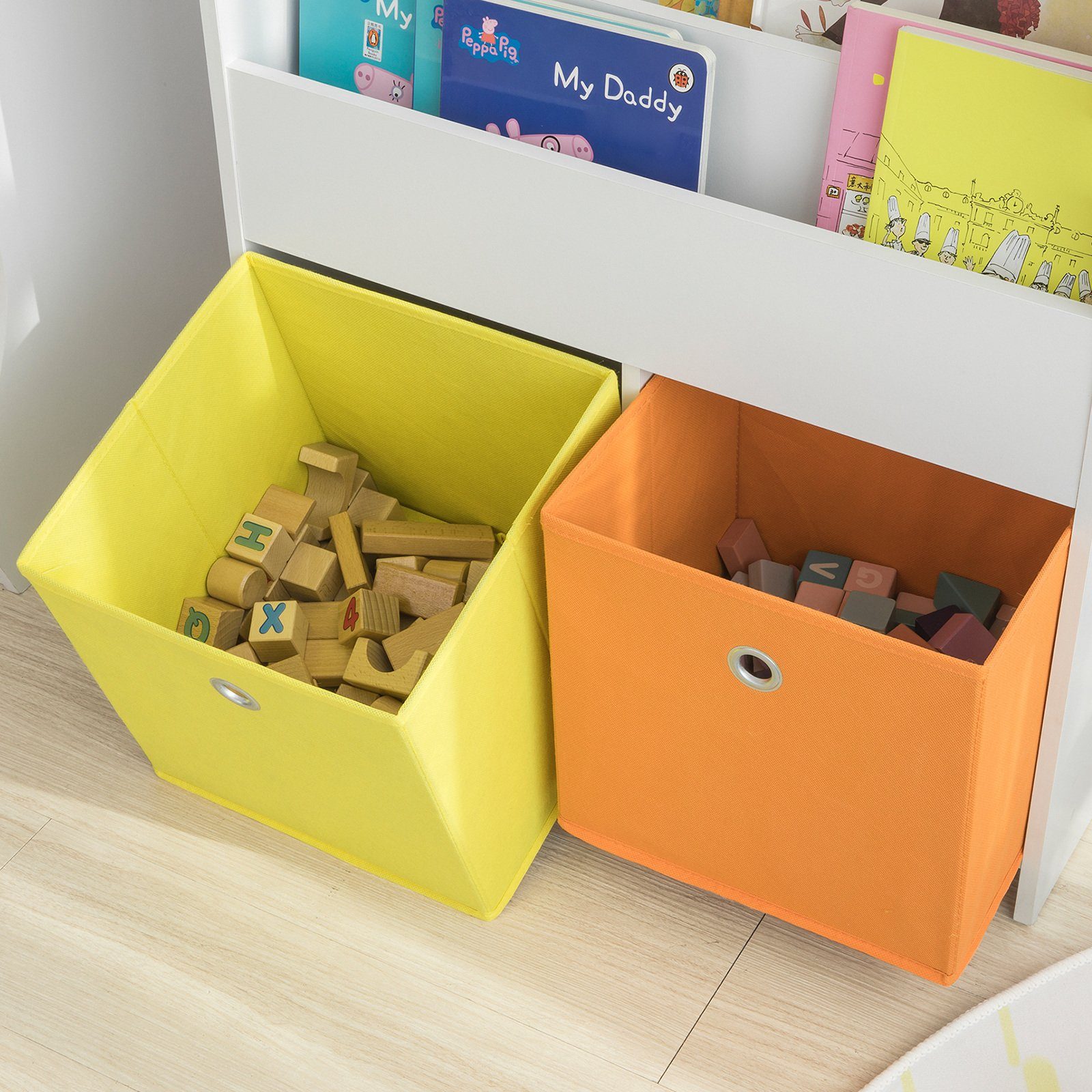 SoBuy Bücherregal Ablagefächern KMB26/KMB27, Stoffboxen 2 und 3 mit Kinderregal Spielzeugregal