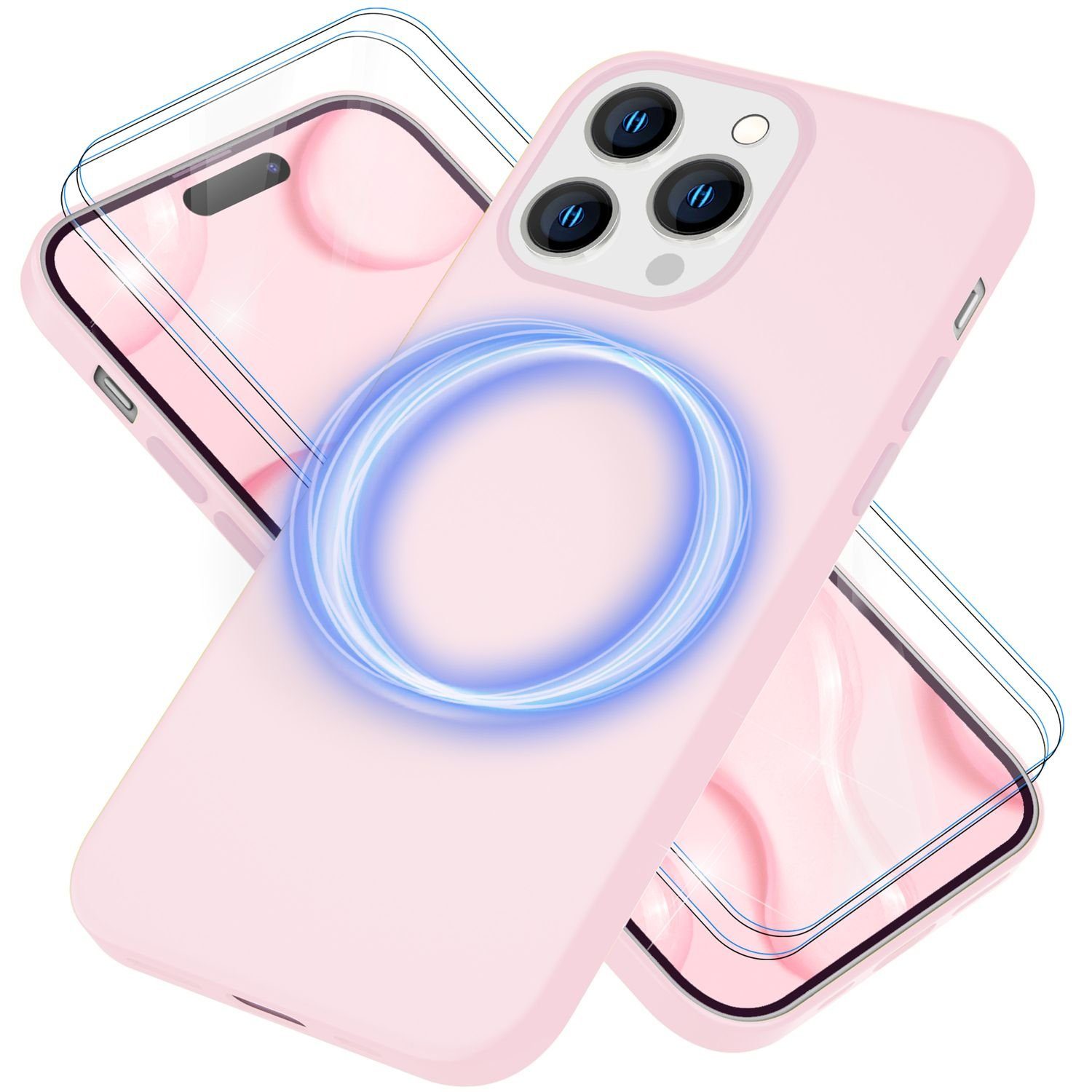 Nalia Smartphone-Hülle Apple iPhone 14 Pro 15,5 cm (6,1 Zoll), Liquid Silikon Hülle / MagSafe Funktion / 2x Schutzglas / Anti-Schmutz