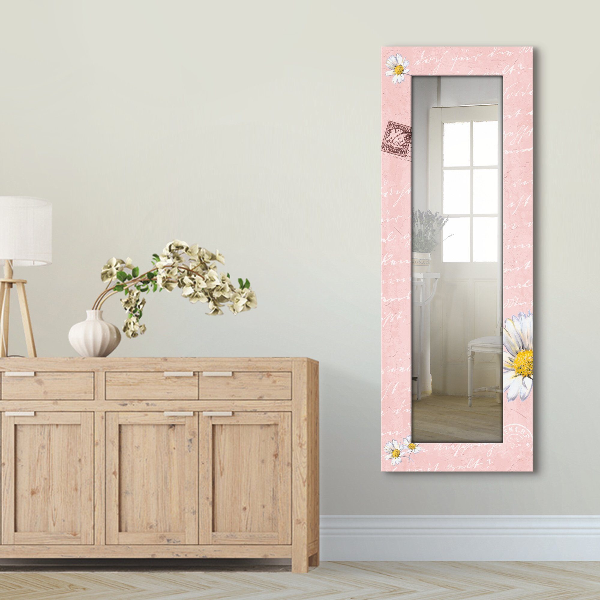 Gänseblümchen Dekospiegel Landhaus gerahmter Wandspiegel, Artland auf mit rosa, Ganzkörperspiegel, Motivrahmen,