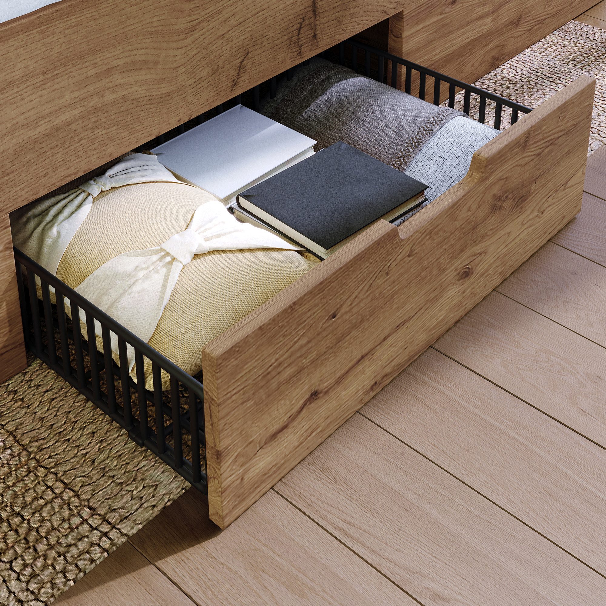 MODFU Holzbett Funktionsbett mit umfassendem Stauraum-System, mitLED-Beleuchtung, (Doppelbett, Funktionsbett, mit USB-/Type-C-Anschlüssen & offenen Kopfbrett-Regalen,160x200 cm), mit 4 Seitenfächern, 3 Schubladen & Nachttischen.ohne Matratze