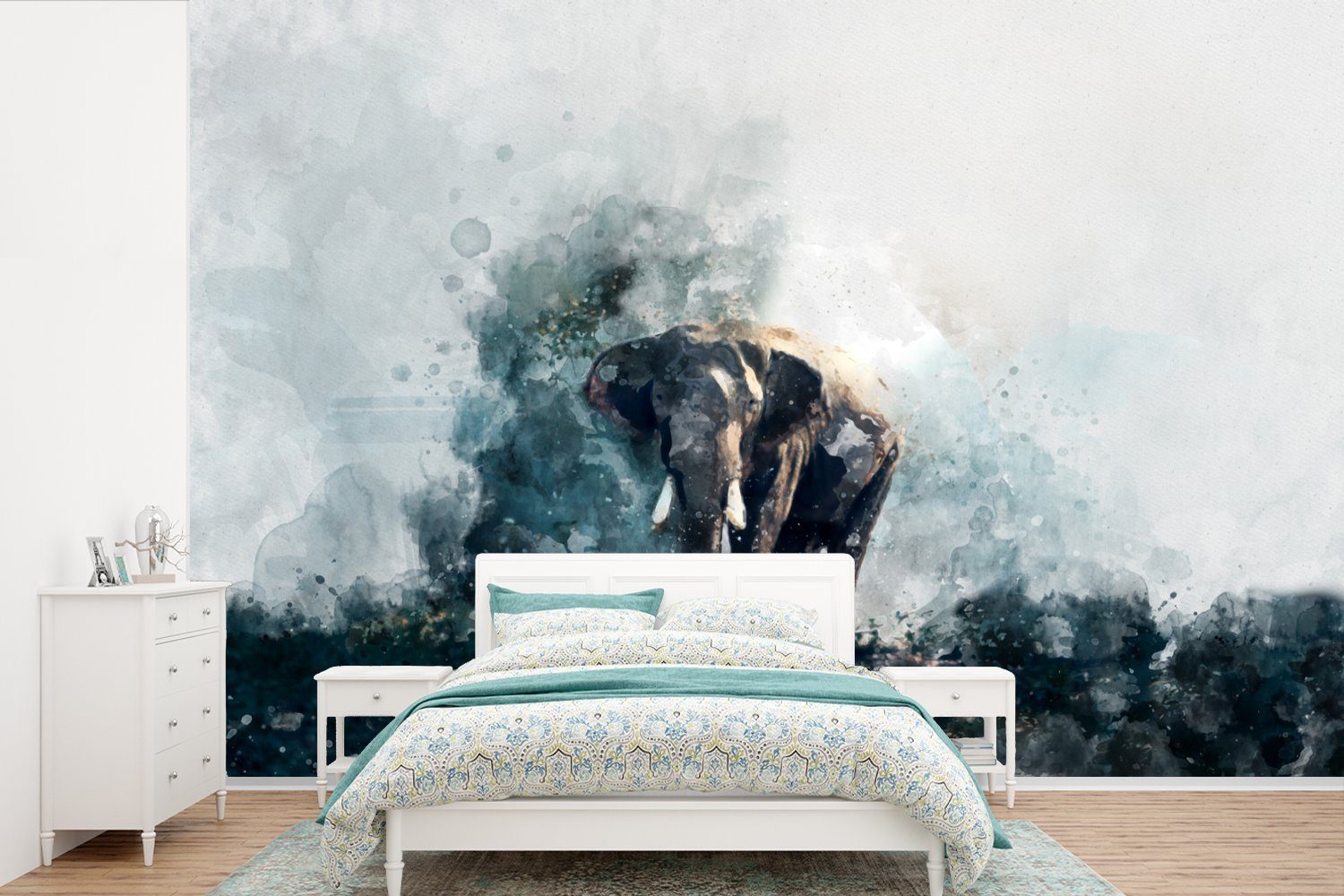 MuchoWow Fototapete Elefant - Aquarell - Blau, Matt, bedruckt, (6 St), Wallpaper für Wohnzimmer, Schlafzimmer, Kinderzimmer, Vinyl Tapete