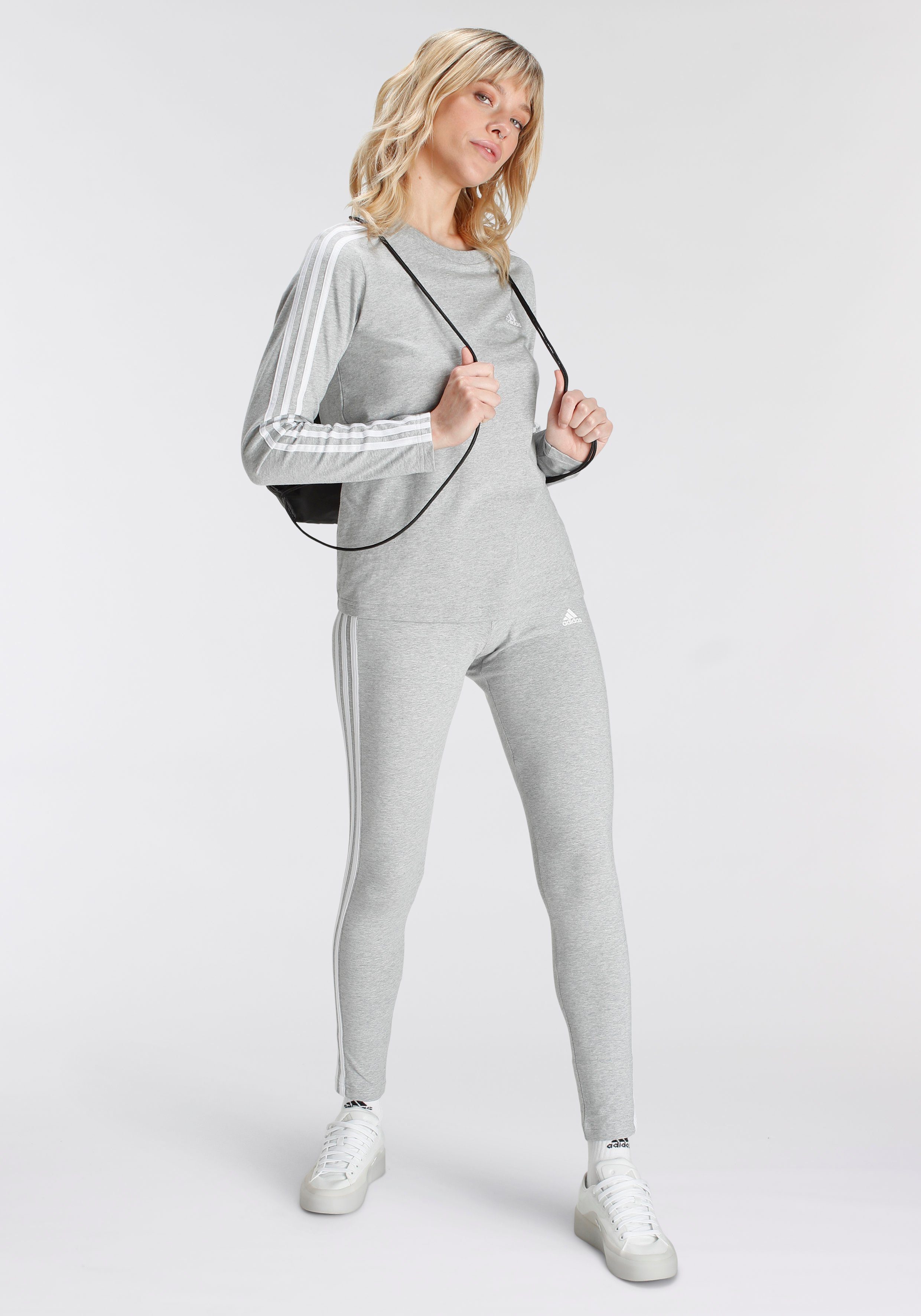 Langarmshirt / Grey LONGSLEEVE Medium 3STREIFEN Heather Sportswear White adidas ESSENTIALS