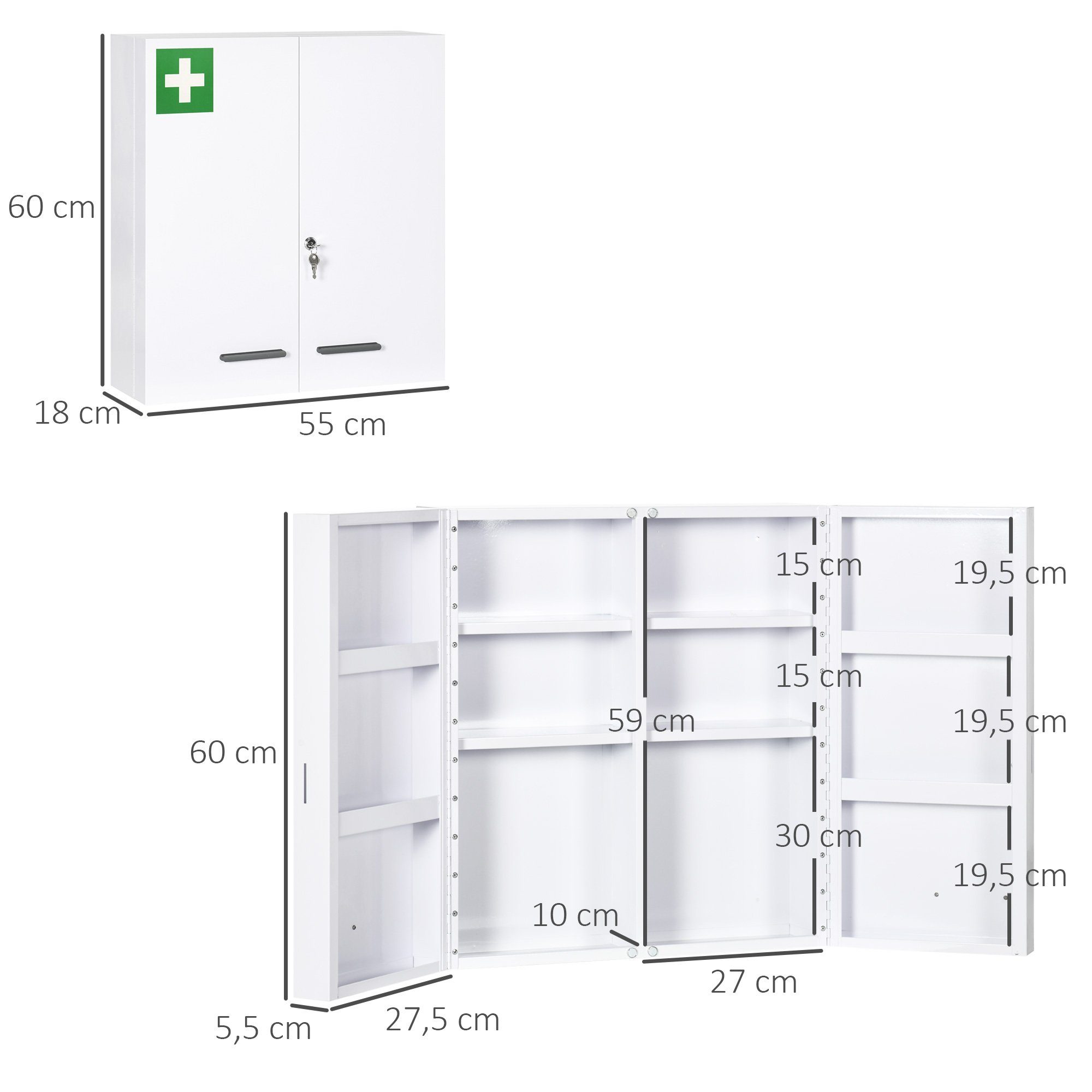 Kleankin Arzneischrank, 18 55 60 cm Medizinschrank Abschließbarer 1-St., x 1 Stahl, x Medizinschrank) (Set, Weiß,