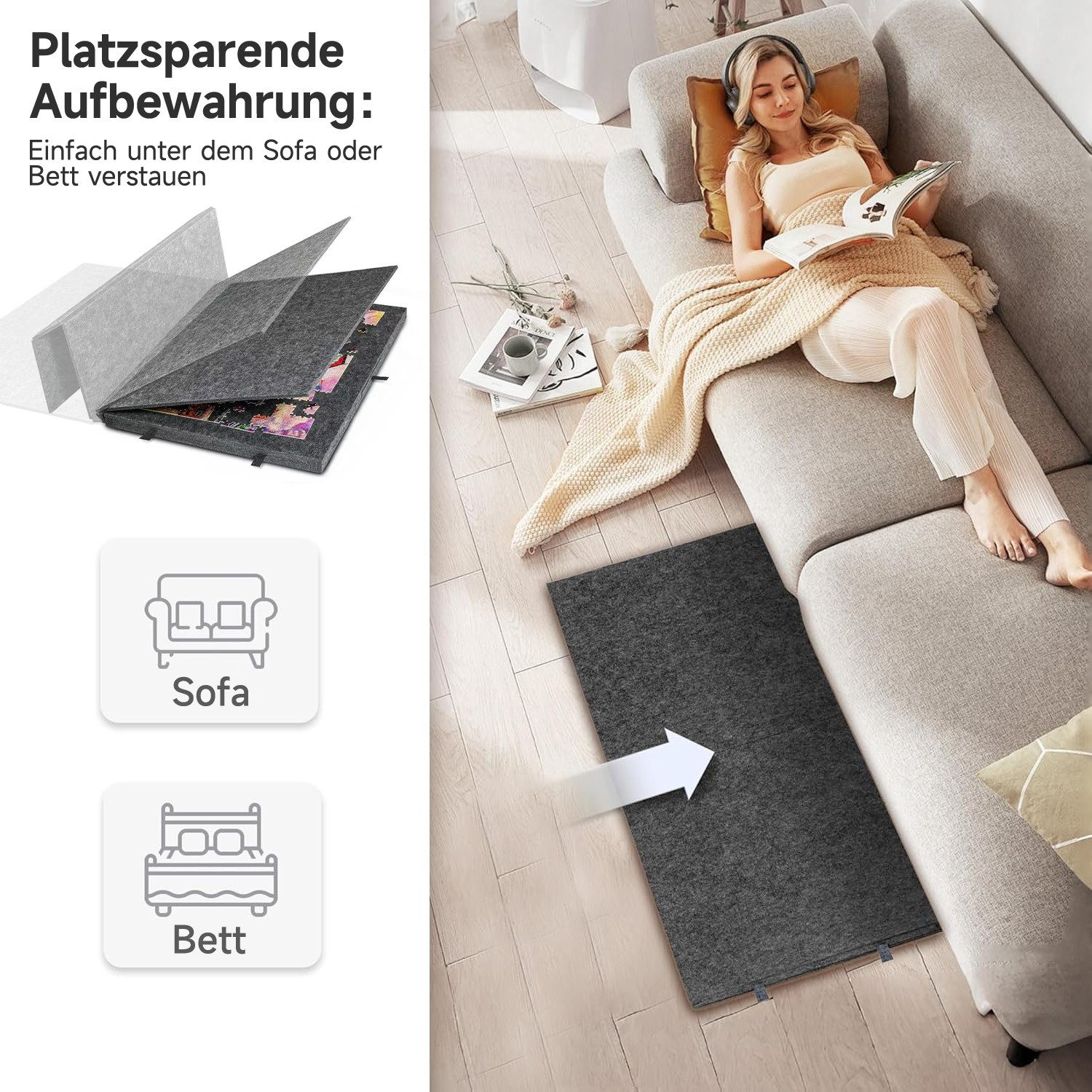 OSTWOLKE Puzzleunterlage Neigbares Puzzlebrett aus Filz mit 6 Schubladen 1000/ 2000Teil, 2-in-1 Puzzle-Aufbewahrungsbrett mit Ständer & Abdeckung – Bild 5 von 5
