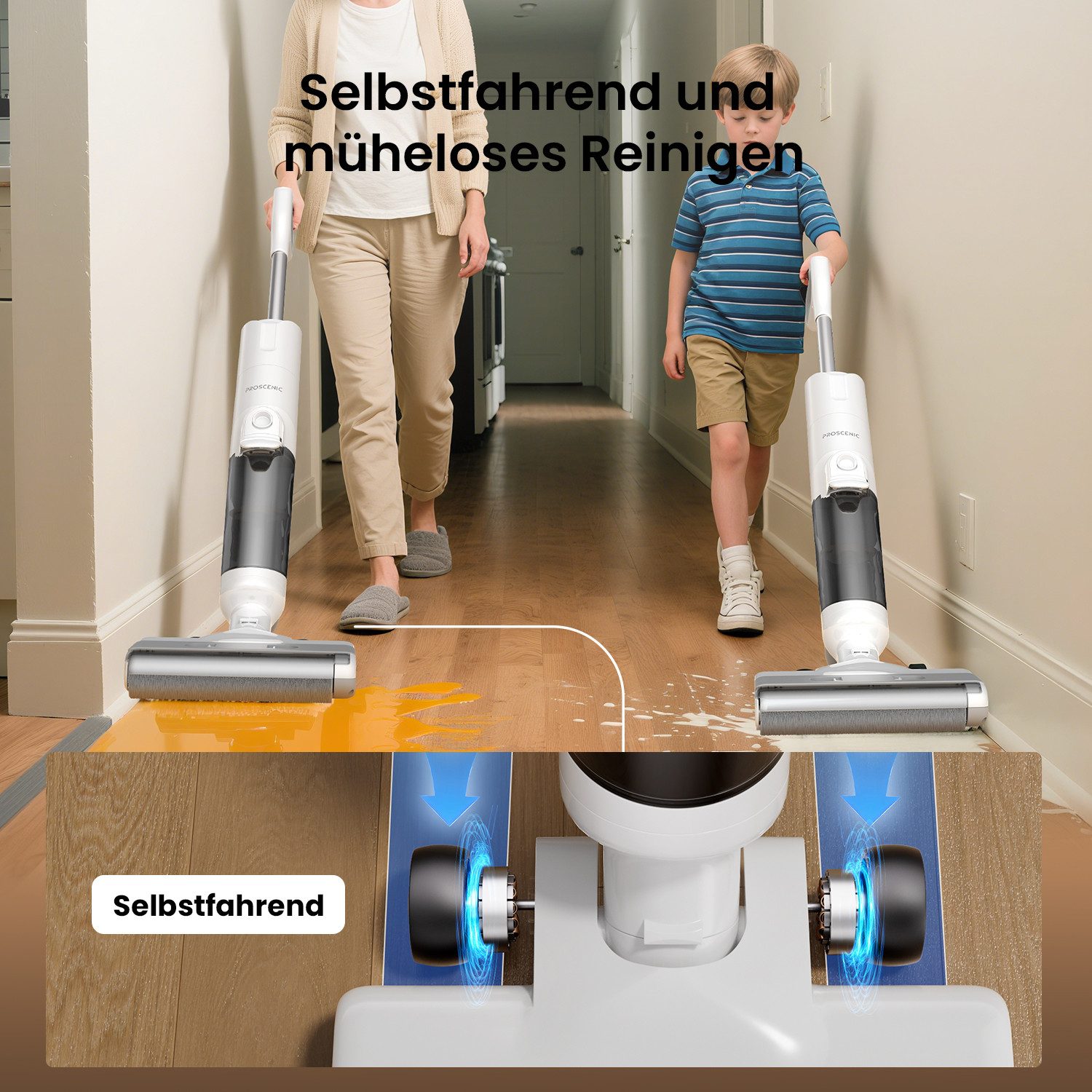 Proscenic Nass-Trocken-Akkusauger 2026 4 in 1, 20000Pa&350W, Selbstreinigung, 60min Laufzeit, 350 W, beutellos, Doppel-Tanksystem 650ml, Kantenreinigung