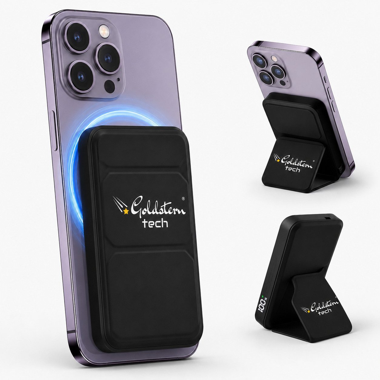 Goldstern-Tech MagStand 10K Powerbank Schnelladefunktion, MagSafe Externes Ladegerät 15W 10000 mAh, magnetischem Wireless Charging, LED-Anzeige, Klappständer & USB-C