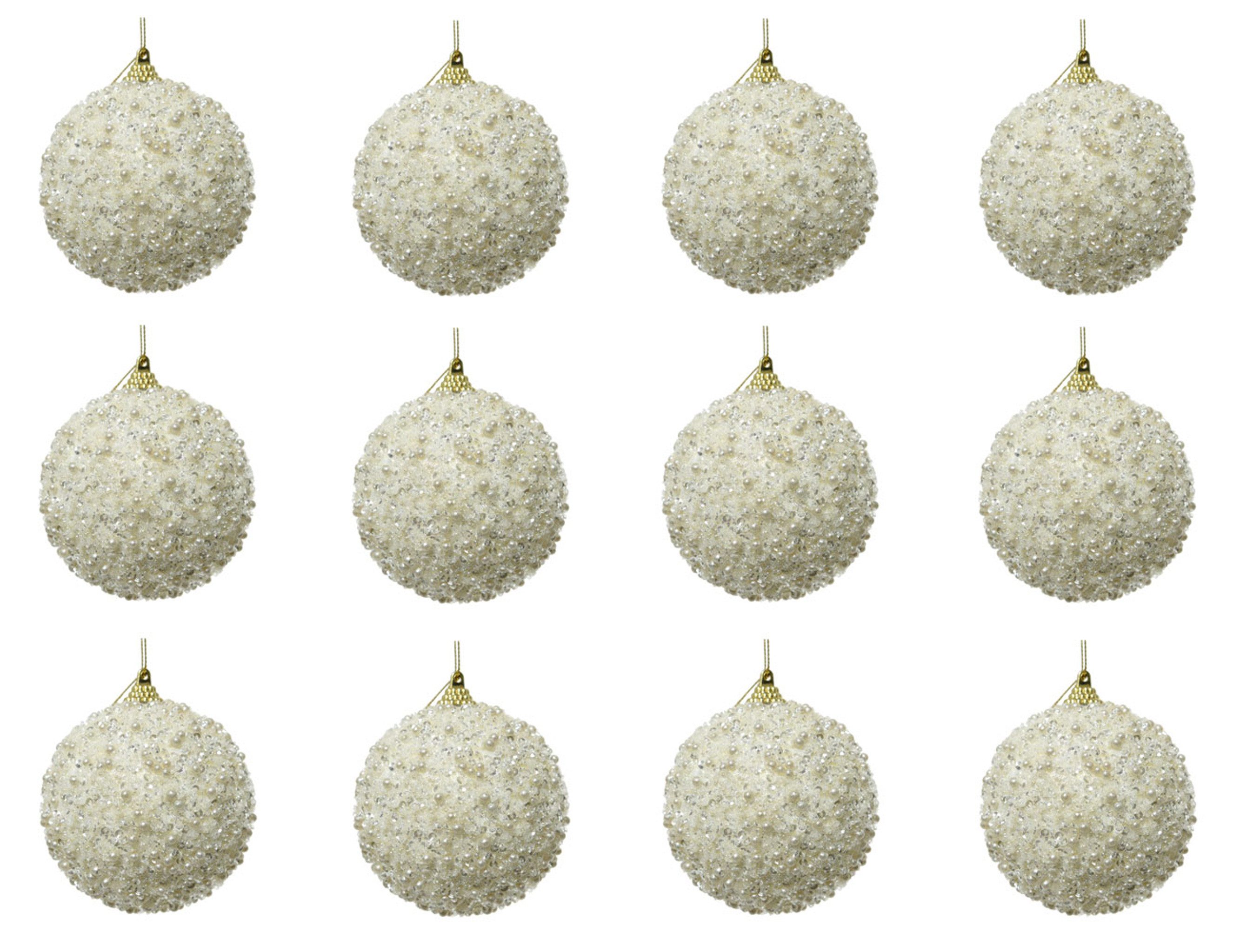 Kaemingk Weihnachtsbaumkugel, Weihnachtskugeln Kunststoff Pailletten Perlen 8cm wollweiß, 12er Set