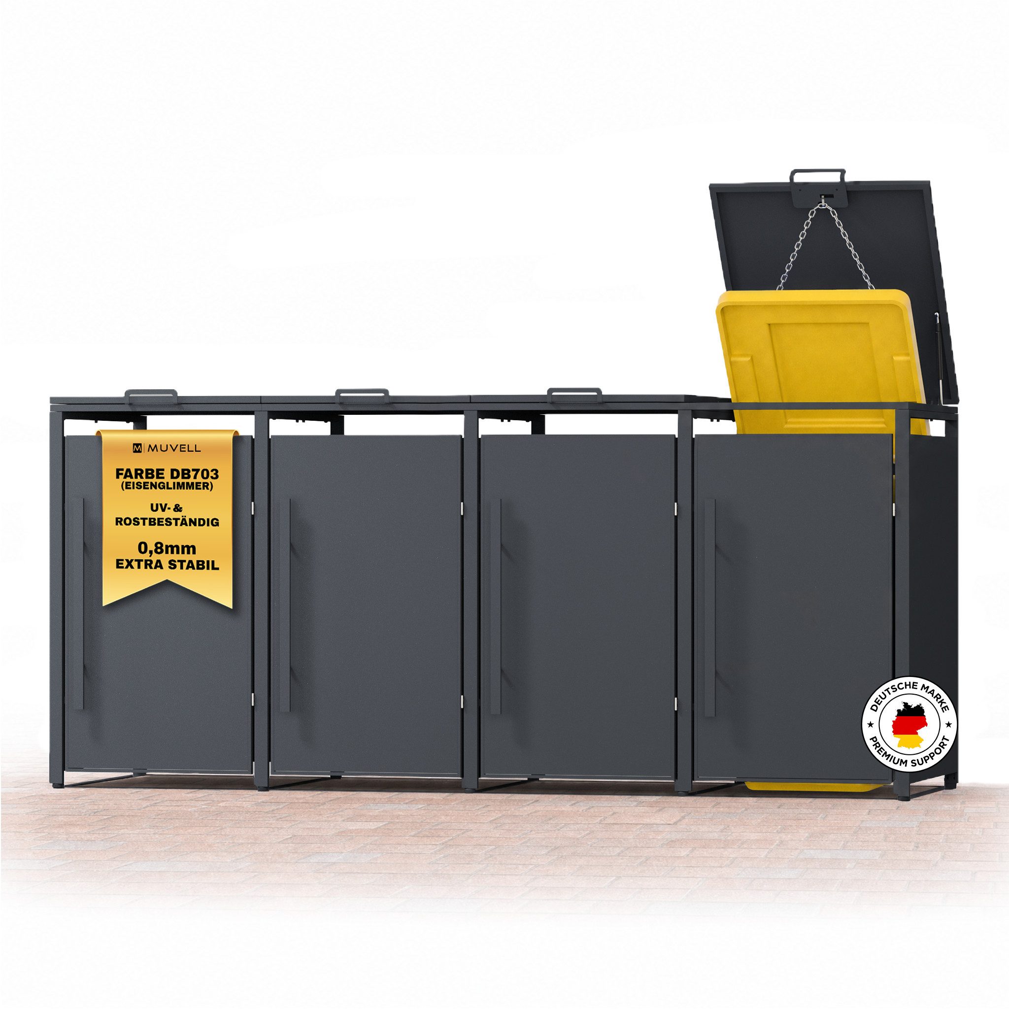 MUVELL Mülltonnenbox 4er Set 120l / 240l Mülltonnenverkleidung wetterfest DAVID (MTB4D - Outdoor Schrank wetterfest, 4 St., Mülltonnengehäuse), feuerverzinkt, pulverbeschichtet, rost- & UV-, korrosionsbeständig