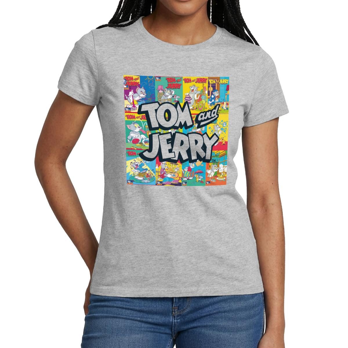 T-Shirt Tom Und Jerry Logo Mit Vintage-Cover Collage Frauen T-Shirt