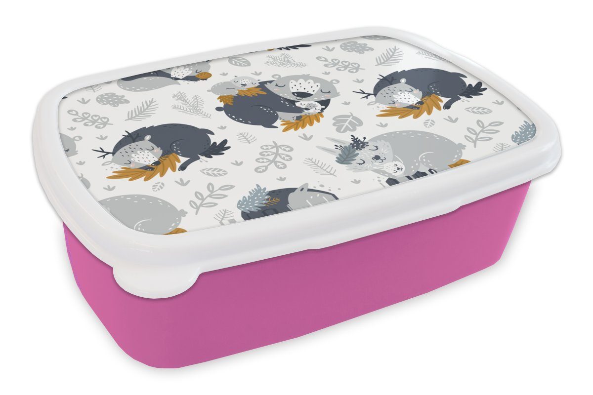 MuchoWow Lunchbox Muster - Kinder - Tiere - Schlafen, Kunststoff, (2-tlg), Brotbox für Erwachsene, Brotdose Kinder, Snackbox, Mädchen, Kunststoff rosa