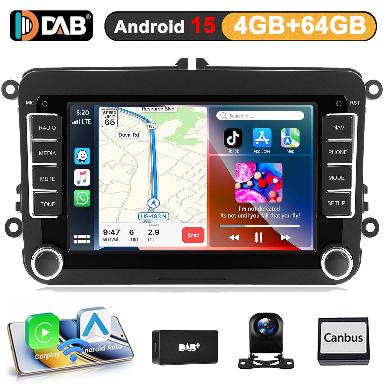 A-Sure 4+64 Android 15 CarPlay für VW GOLF 5 6 Plus Polo Cadddy Touran Passat Autoradio (RDS, DSP, 8Core, Digitalradio (DAB), FM, AM, 4+64G / Bluetooth 5.4 /WiFi 6.0 / SWC)