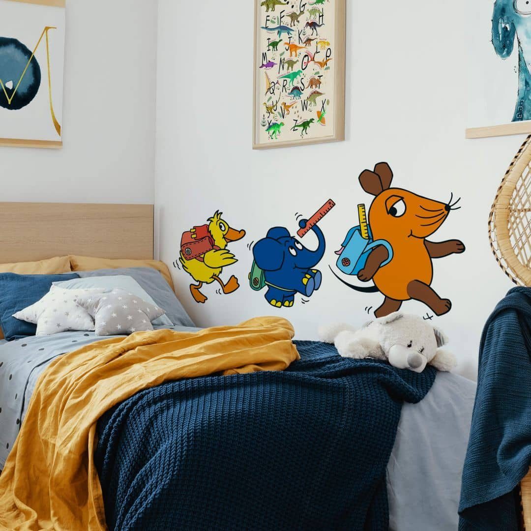 Die Sendung mit der Maus Wandsticker selbstklebendes Wandbild Kinderzimmer Wandtattoo Junge Mädchen, Ente Elefant Maus auf dem Schulweg