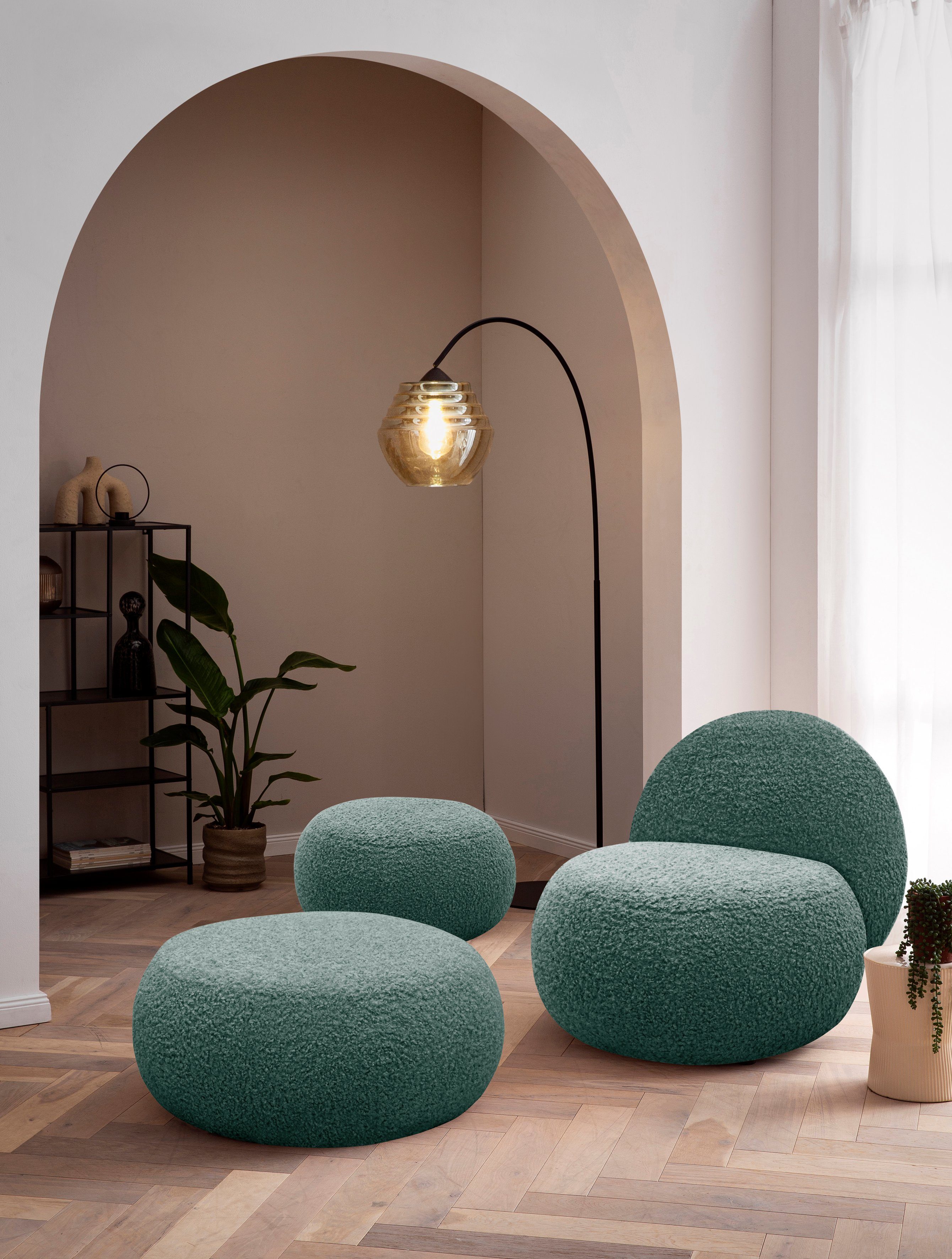 Home affaire Polsterhocker Mithras I Lieferzeit nur 2 Wochen, passend zum Sessel Mithras II, Bouclé oder Fellimitat, Durchmesser 65 oder 85 cm