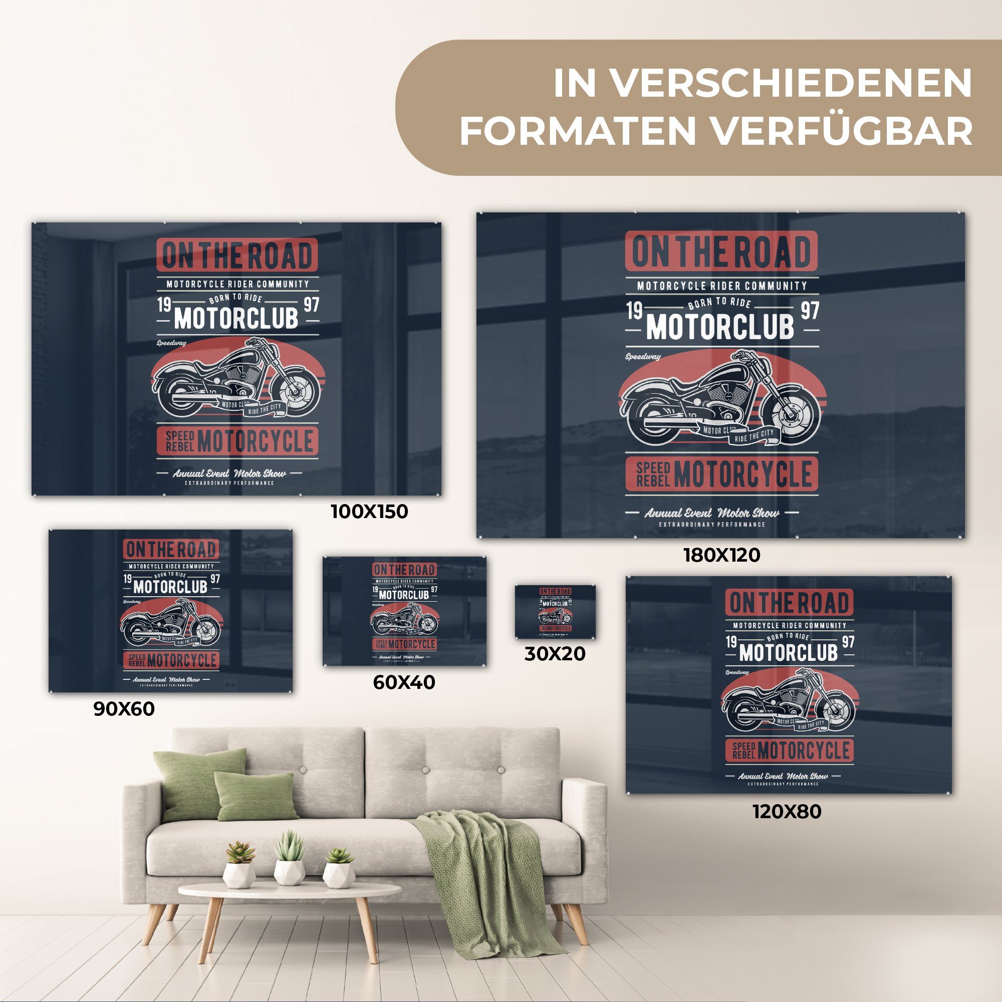 Retro Motorrad St), - MuchoWow - auf auf Glas (1 - Foto Wanddekoration - Acrylglasbild Glasbilder Briefe Zitat, Wandbild - Bilder - Glas