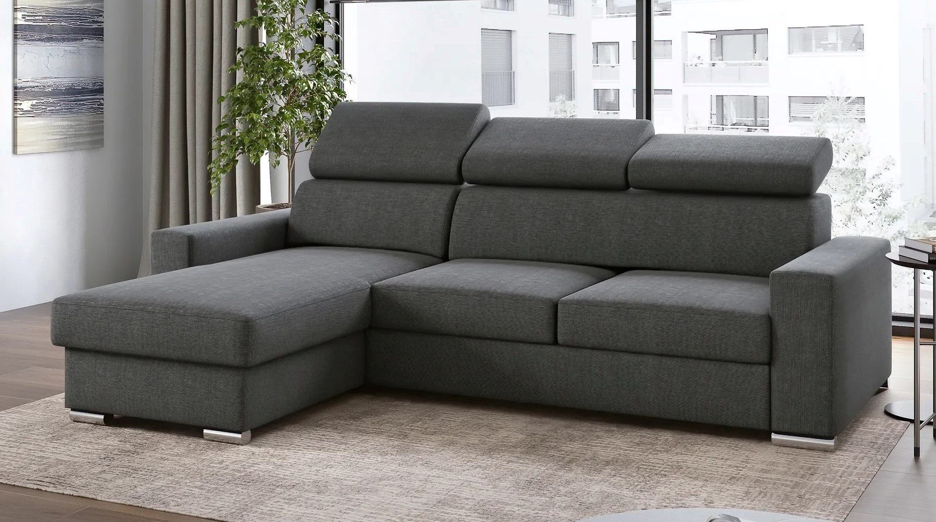 M-Punkt24 Ecksofa Ecksofa Bari Webstoff Grau oder Schwarz mit Bett und Bettkasten, Rechts und Links universell aufbaubar, mit Bettfunktion
