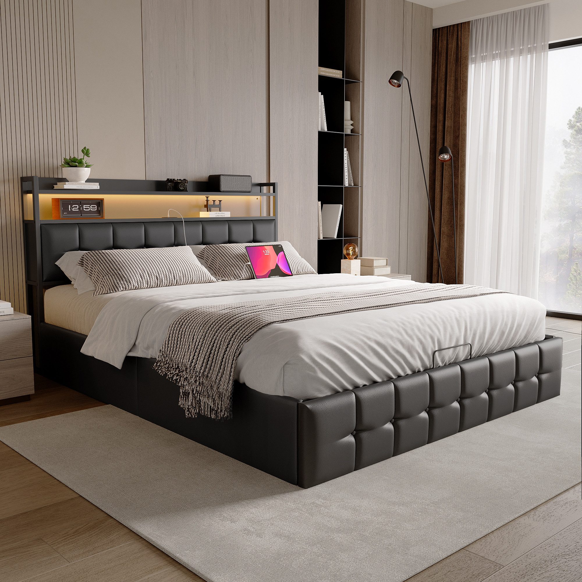 NMCXXO Polsterbett Polsterbett mit Kopfteil, LED und Steckdosen (inkl. Hydr günstig online kaufen