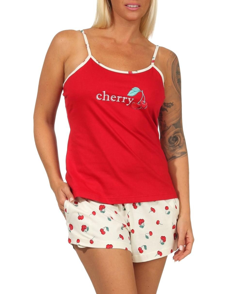 Normann Pyjama Süsser ärmelloser Damen Schlafanzug Shorty Pyjama mit Kirschen Motiv – Bild 4 von 5