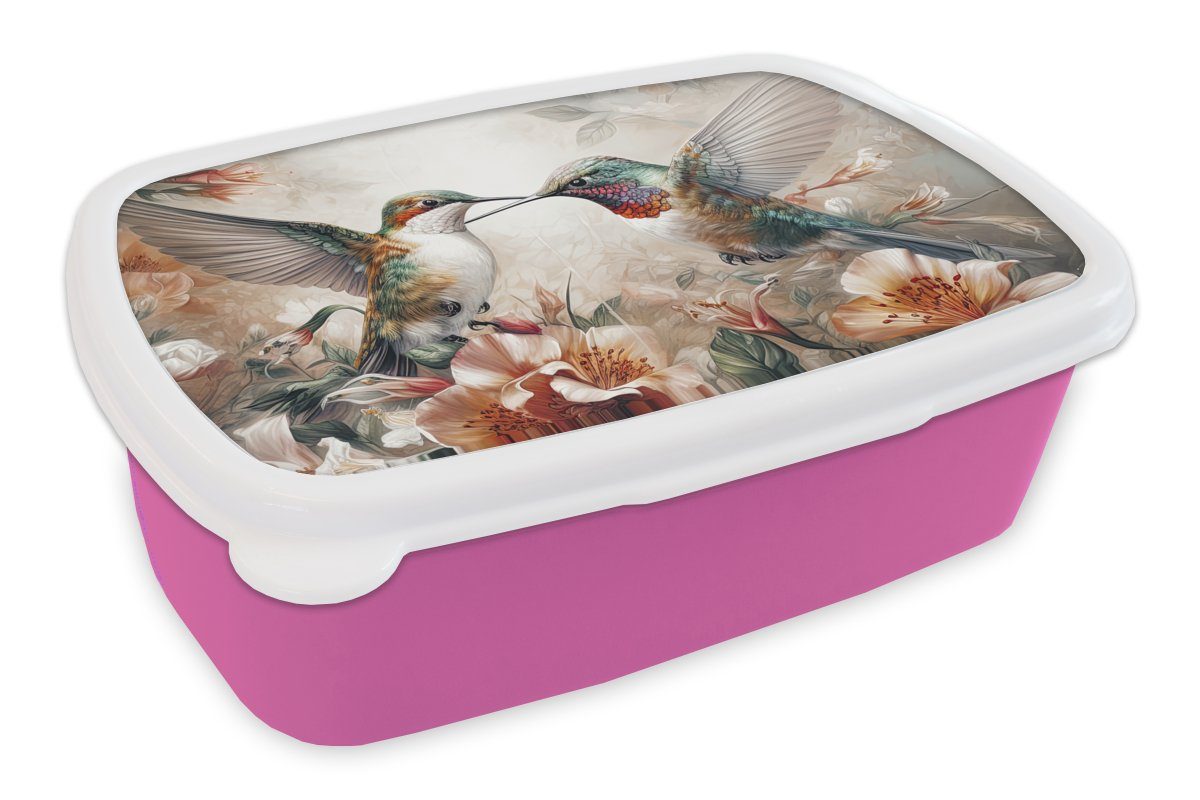 MuchoWow Lunchbox Kolibri - Vögel - Blumen - Natur, Kunststoff, (2-tlg), Brotbox für Erwachsene, Brotdose Kinder, Snackbox, Mädchen, Kunststoff rosa