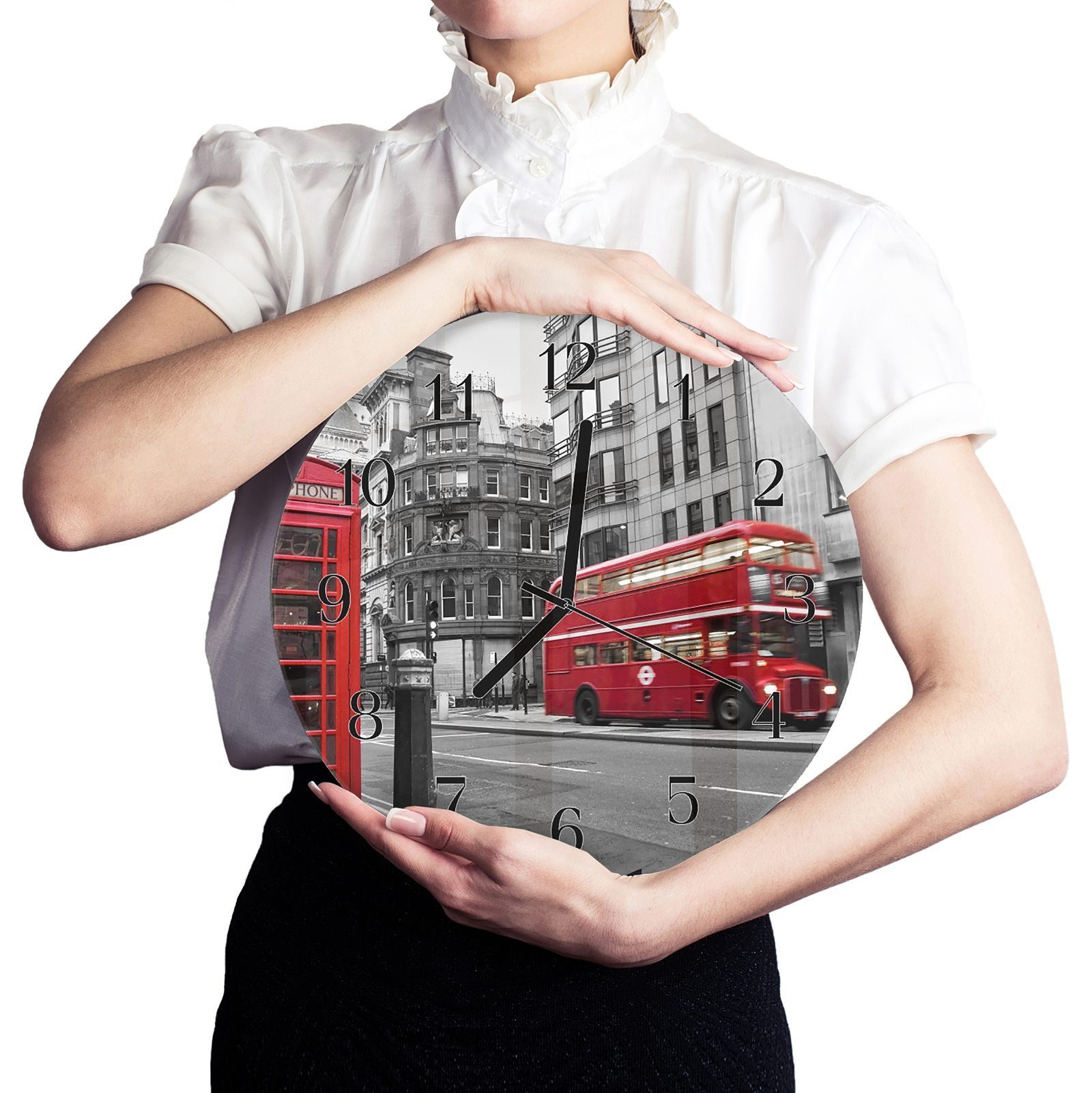cm Wanduhr Motiv Bus Rund und Wanduhr Durchmesser und mit aus - 30 mit Glas roter Telefonkabine Primedeco Quarzuhrwerk