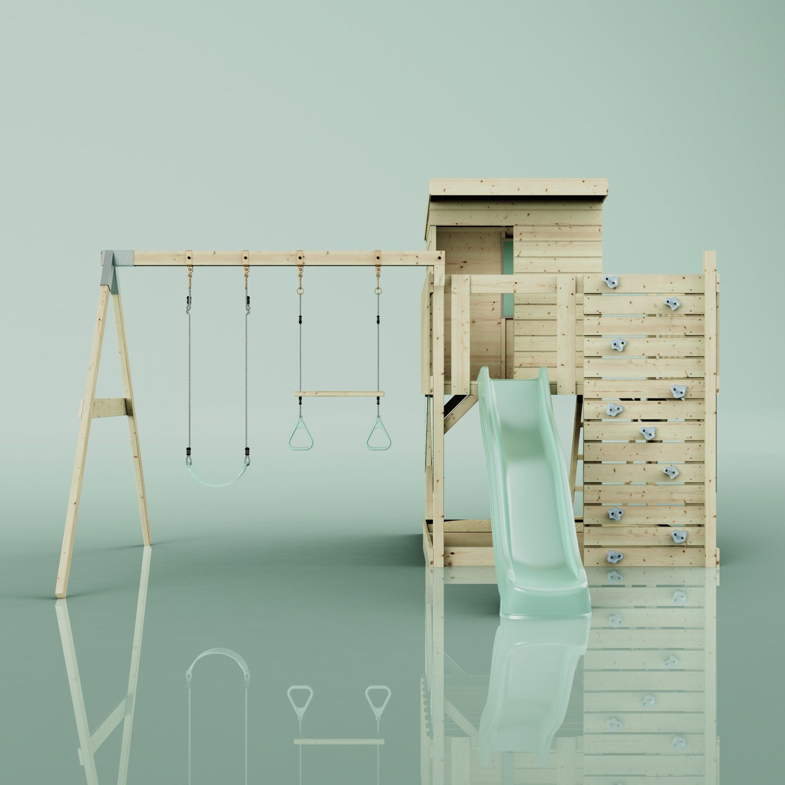 OutdoorToys Spielturm Björn, aus Holz in Mintgrün mit Trapezstange & Rutsche, Kletterwand