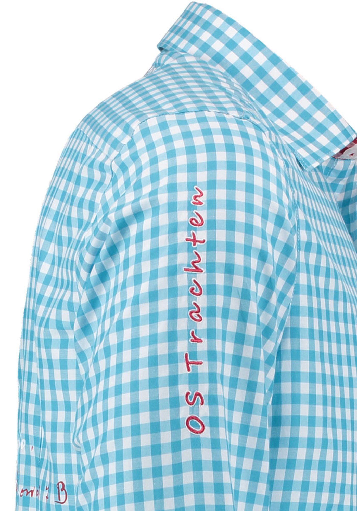 Ubegu türkis dem auf mit Trachtenhemd Große OS-Trachten Stickerei Rücken Langarmhemd